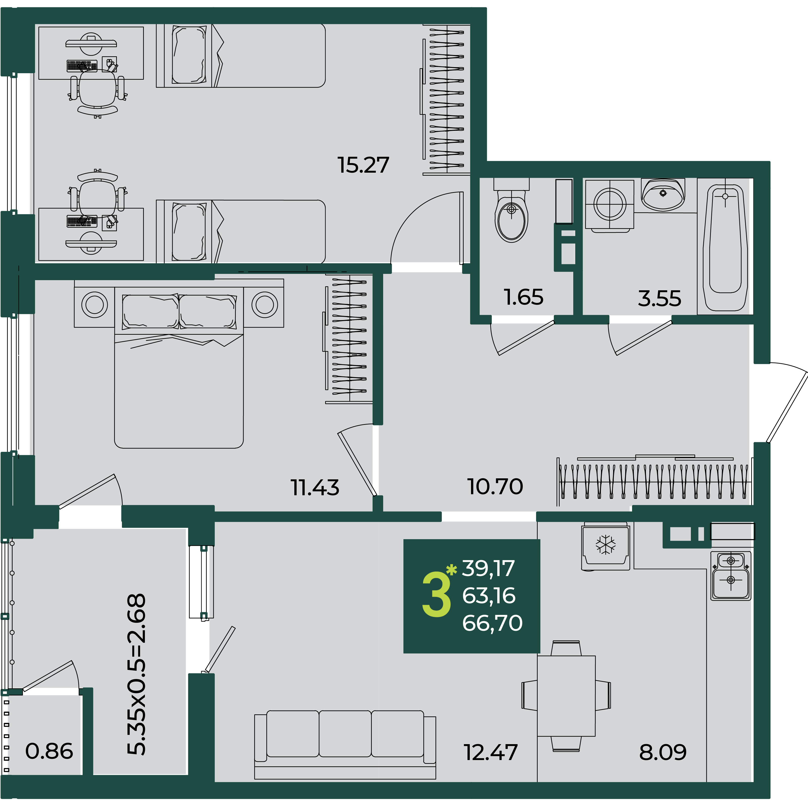 Планировка: 3-комн. квартира 66,7 м²