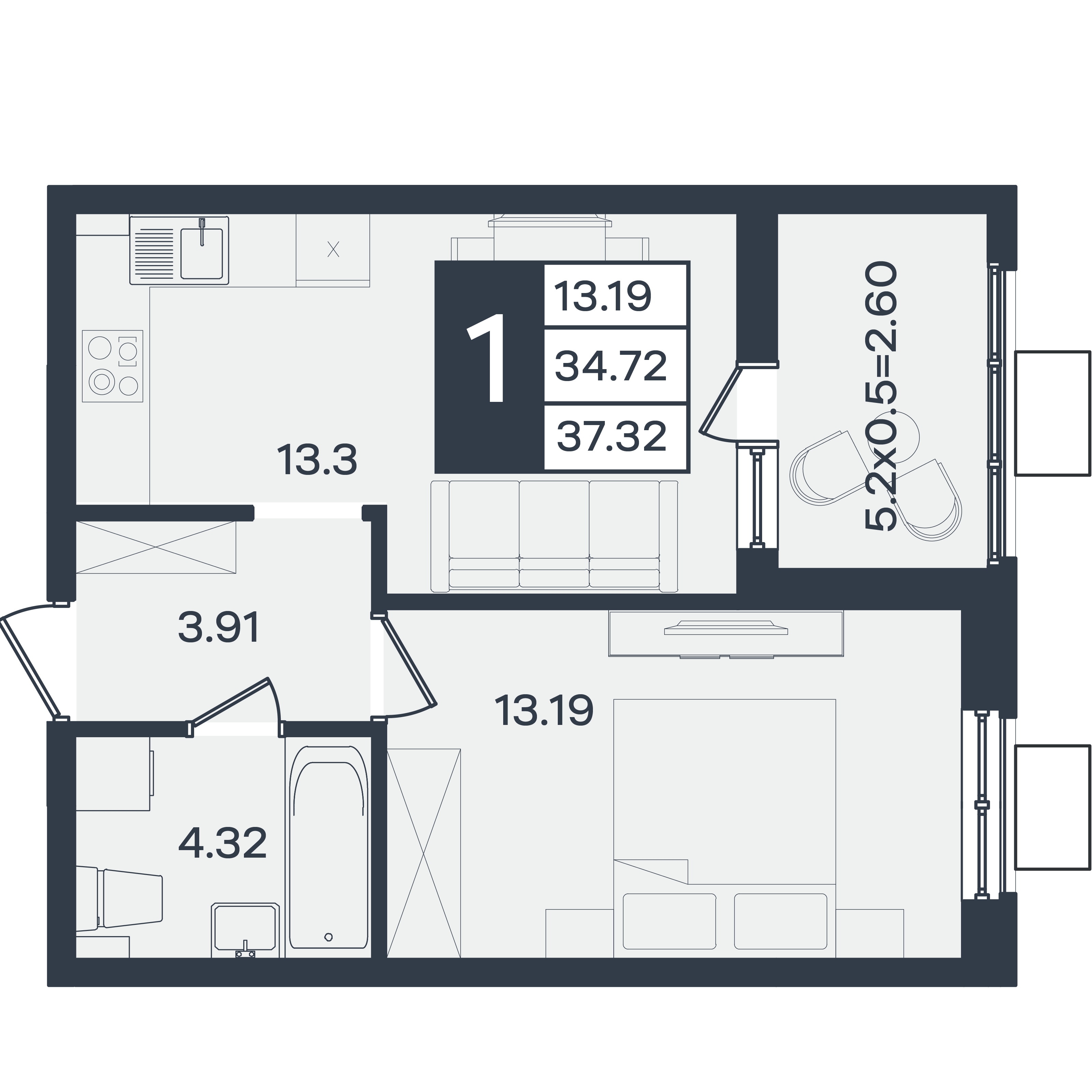 Планировка: 1-комн. квартира 37,3 м²