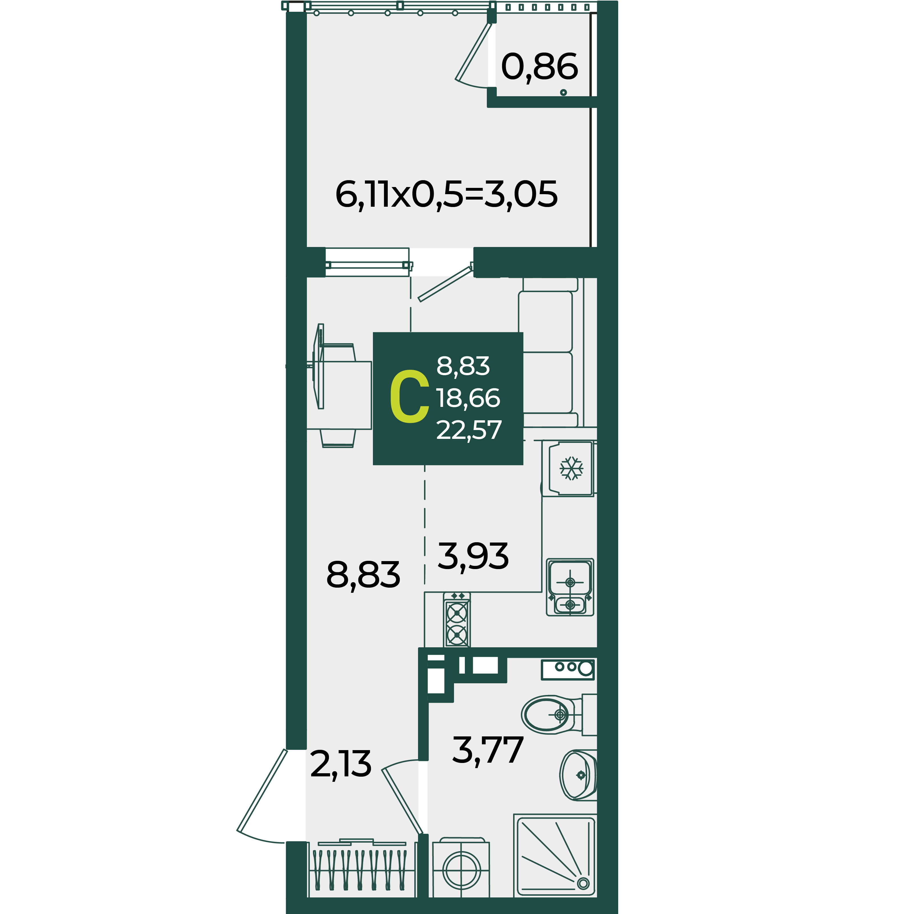 Планировка Студия 22,57 м²