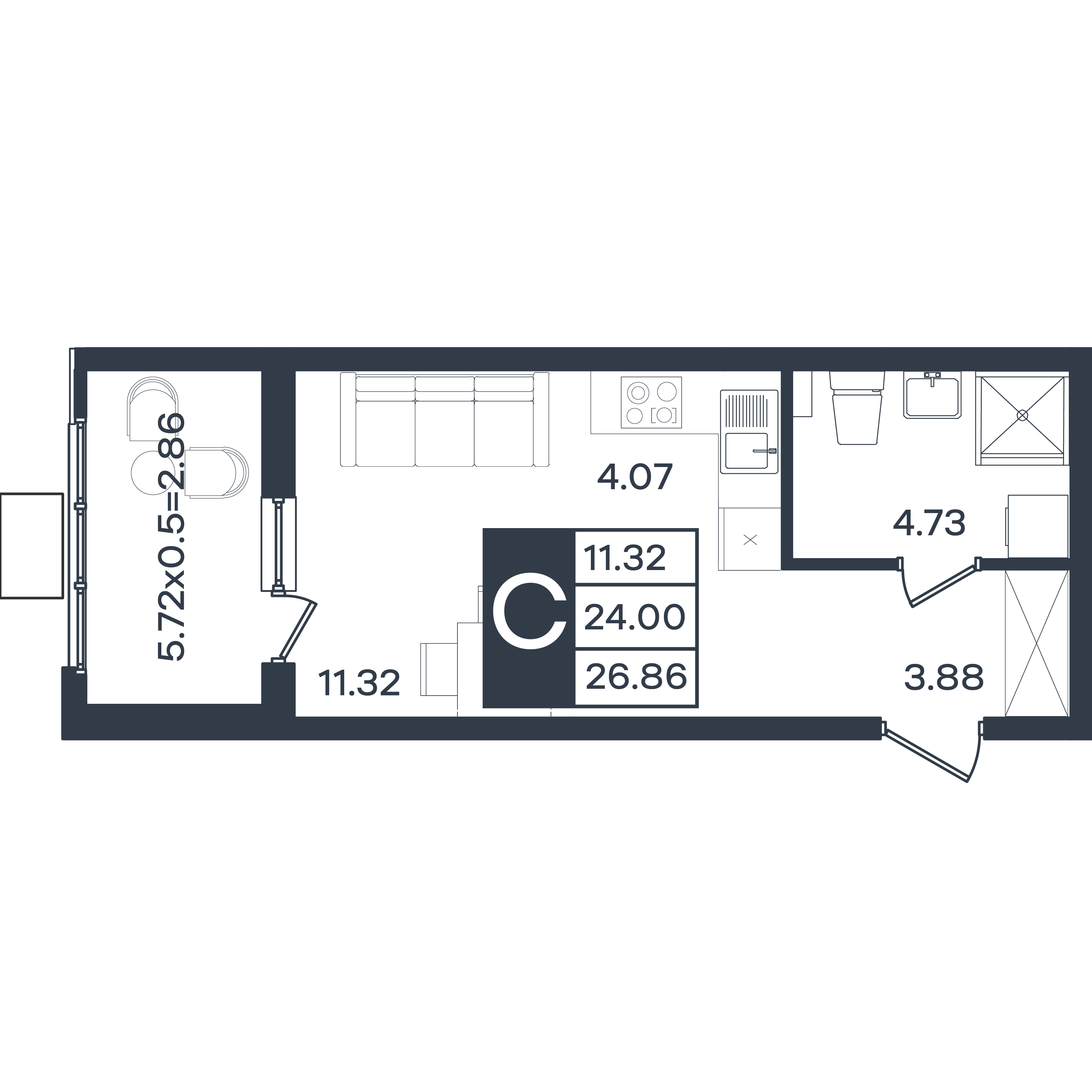 Планировка: Студия 26,9 м²
