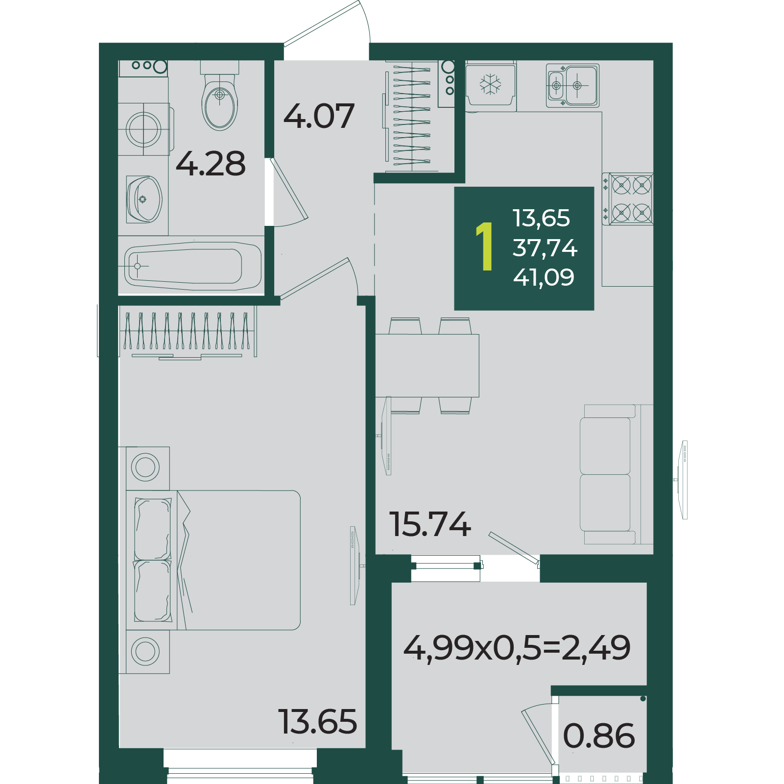 Планировка: 1-комн. квартира 41,1 м²