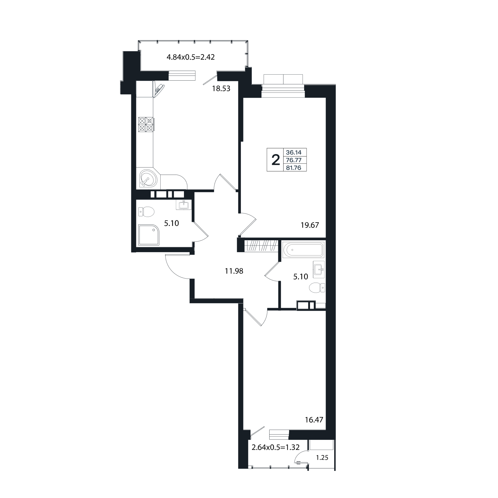 Планировка: 2-комн. квартира 81,8 м²