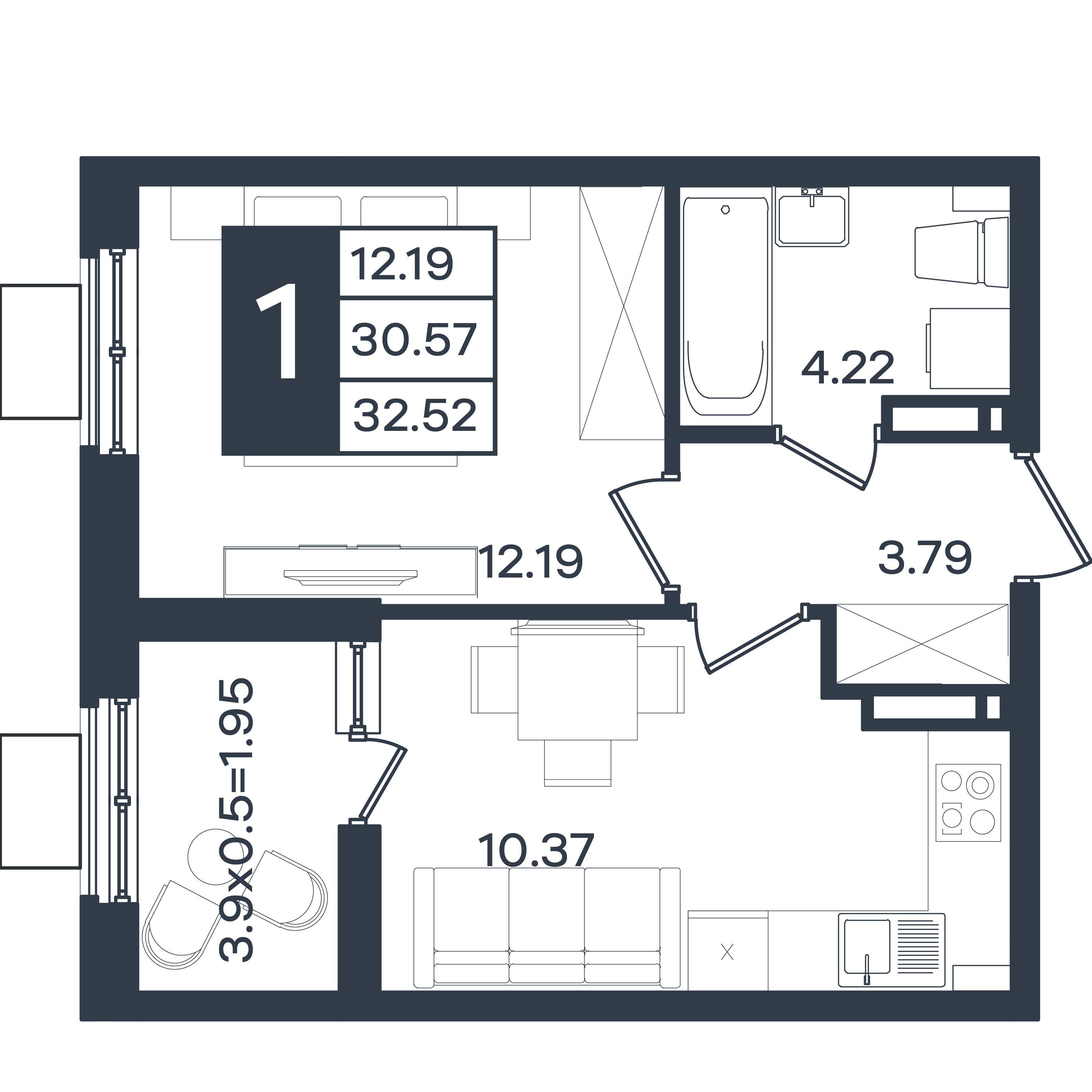 Планировка 1-комнатная 32,52 м²