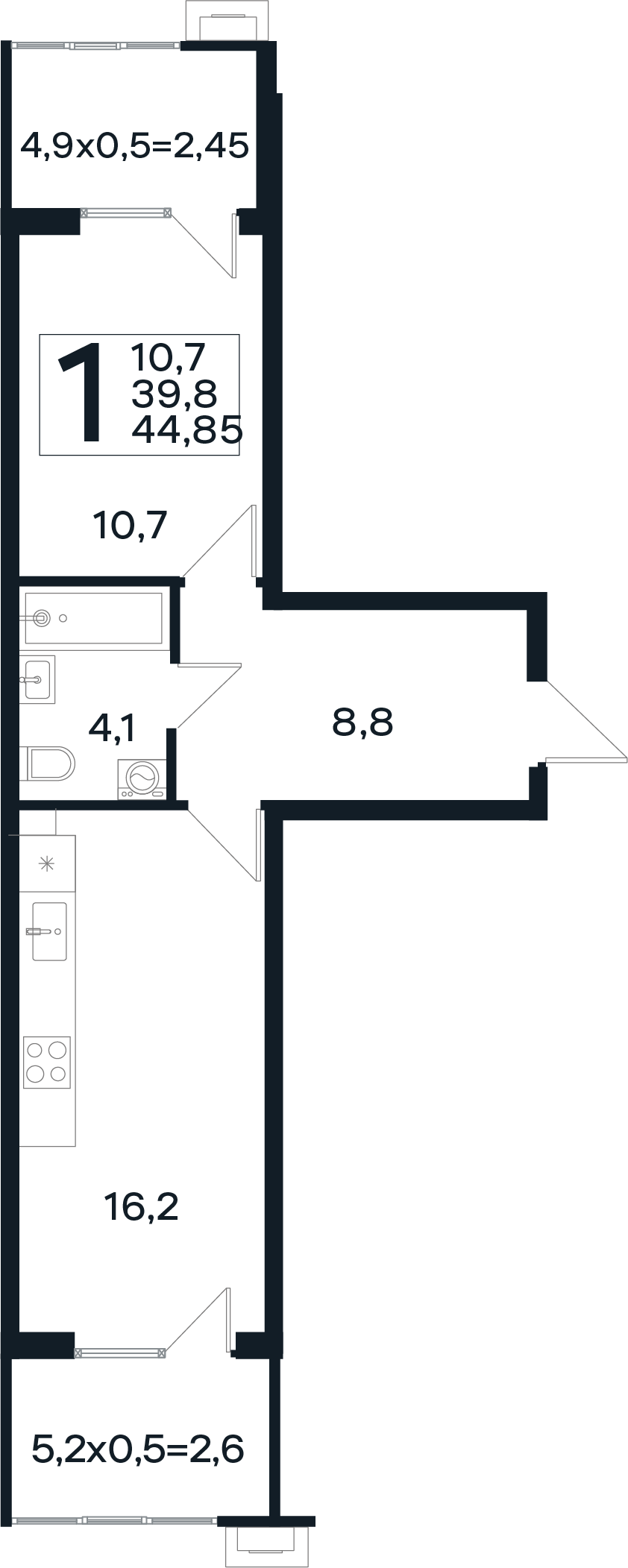 Планировка 1-комнатная 44,85 м²