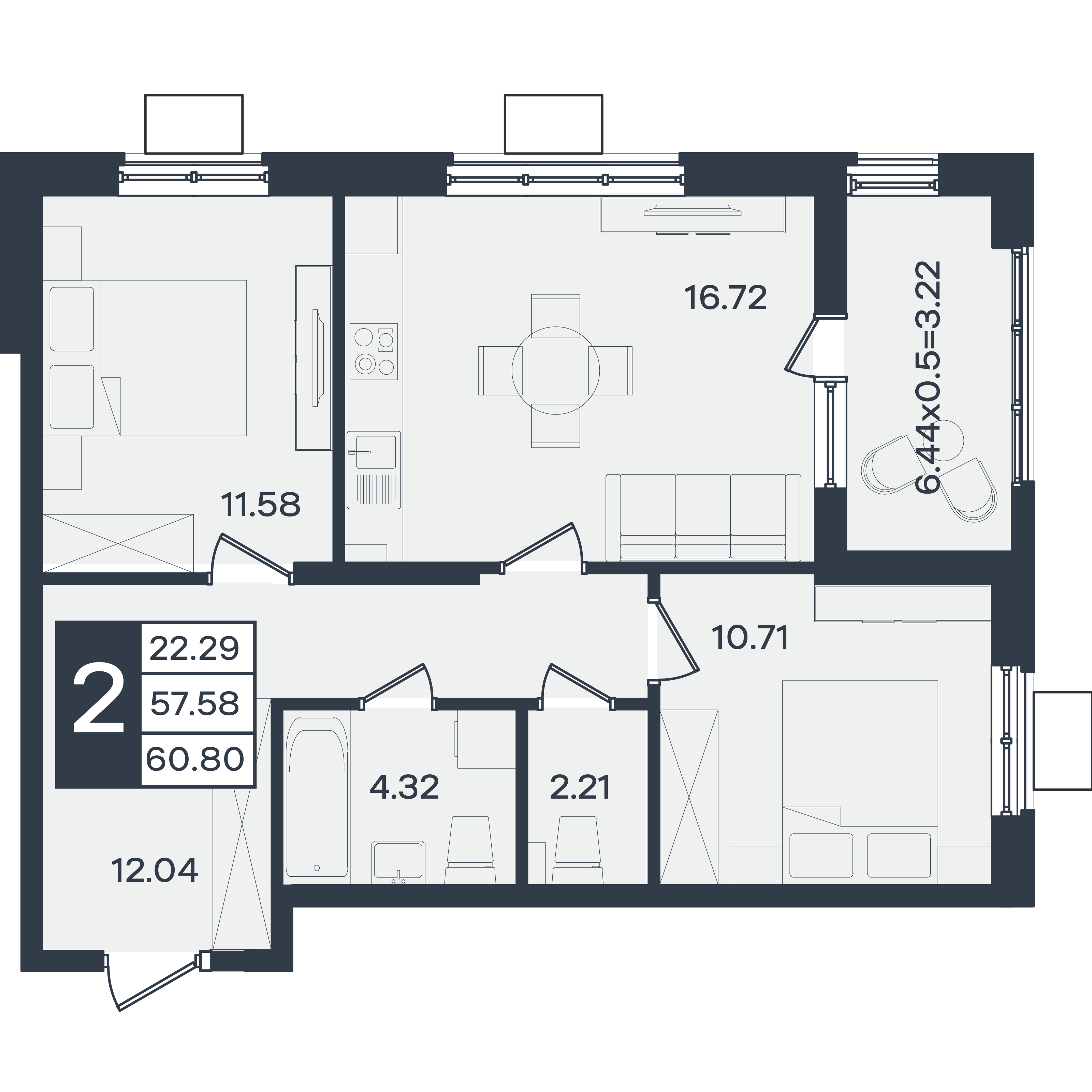 Планировка: 2-комн. квартира 60,8 м²