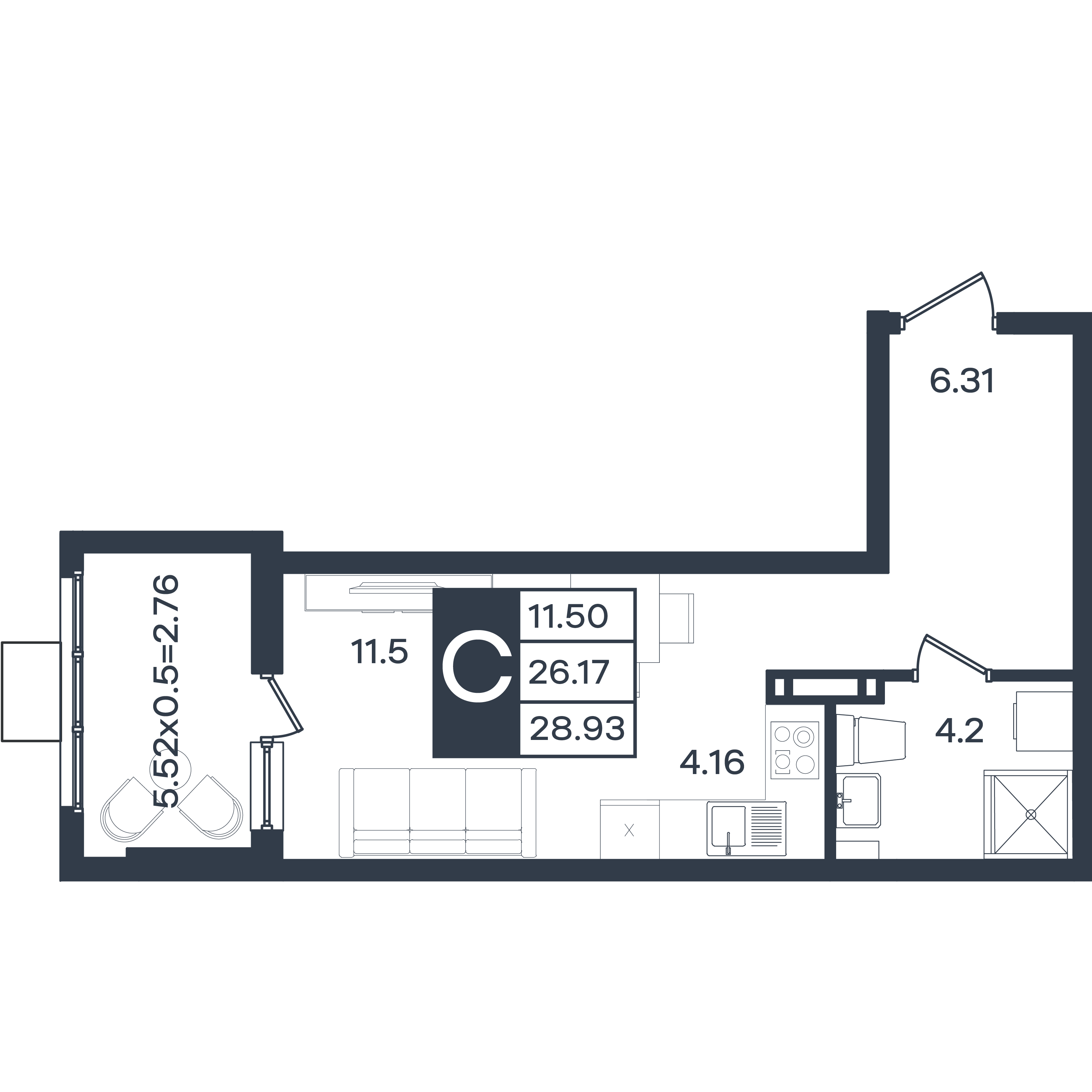 Планировка: Студия 28,9 м²