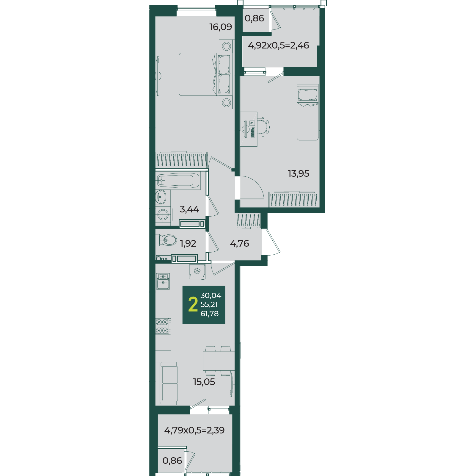 Планировка: 2-комн. квартира 61,8 м²
