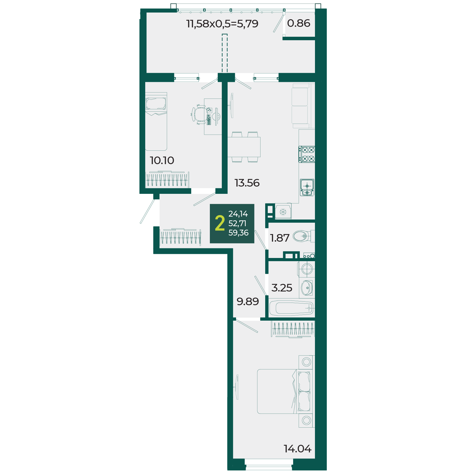 Планировка: 2-комн. квартира 59,4 м²