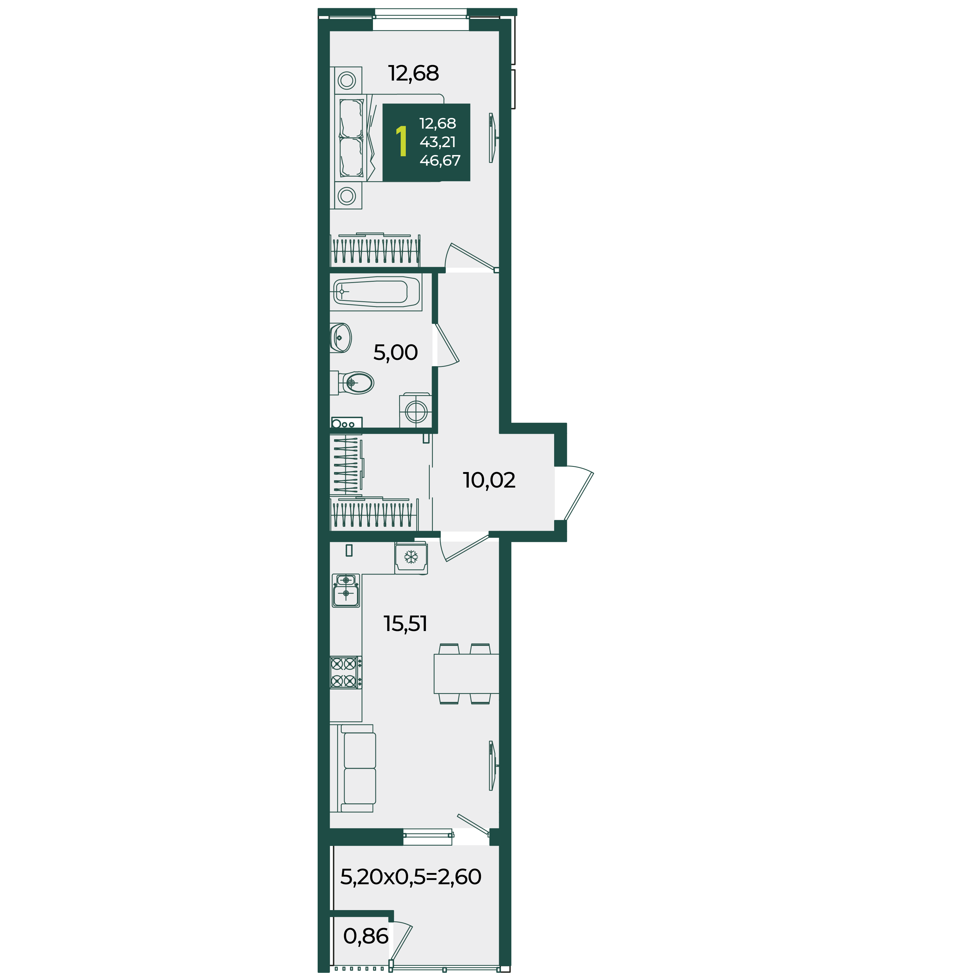 Планировка 1-комнатная 46,67 м²