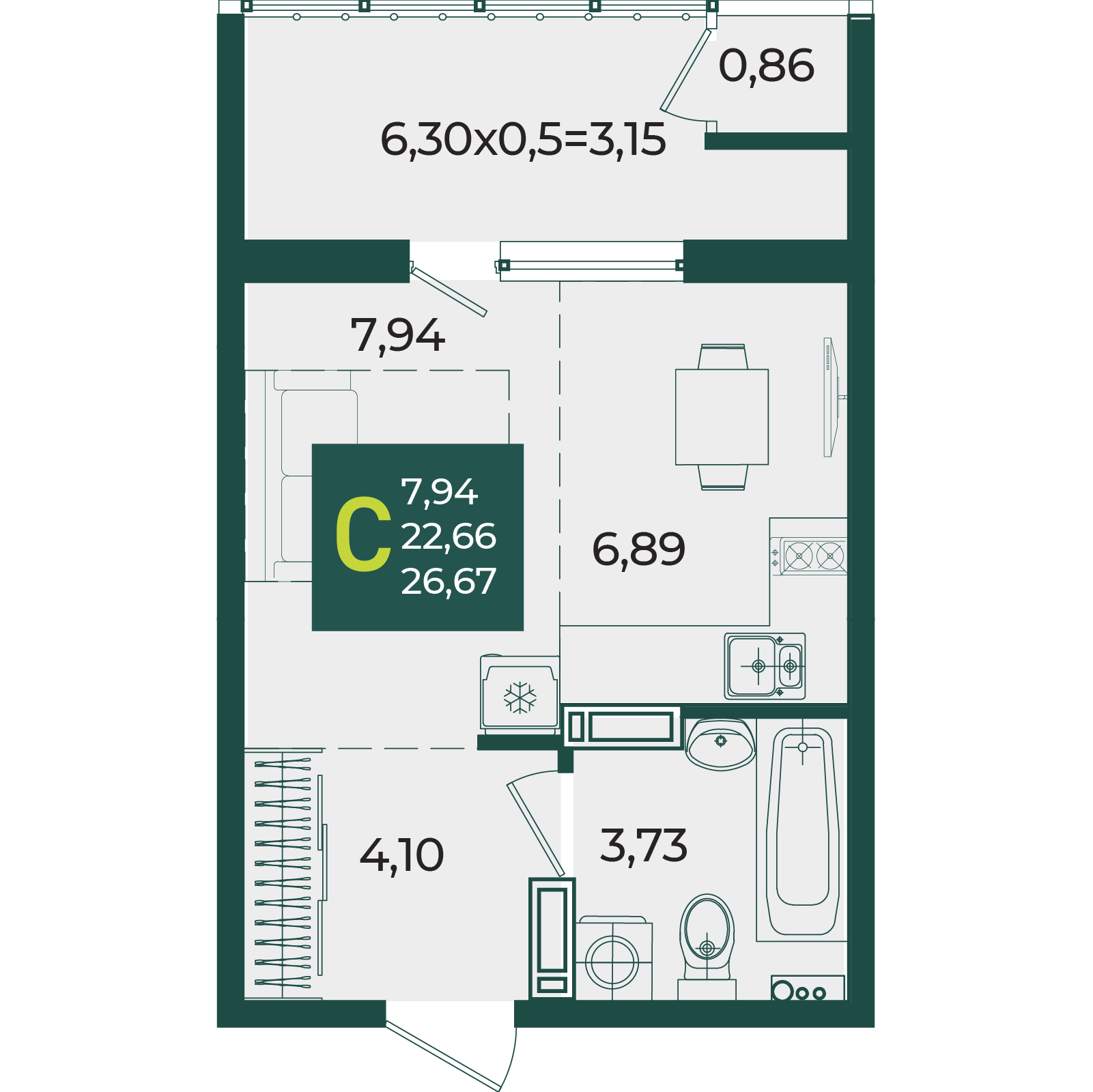 Планировка Студия 26,67 м²