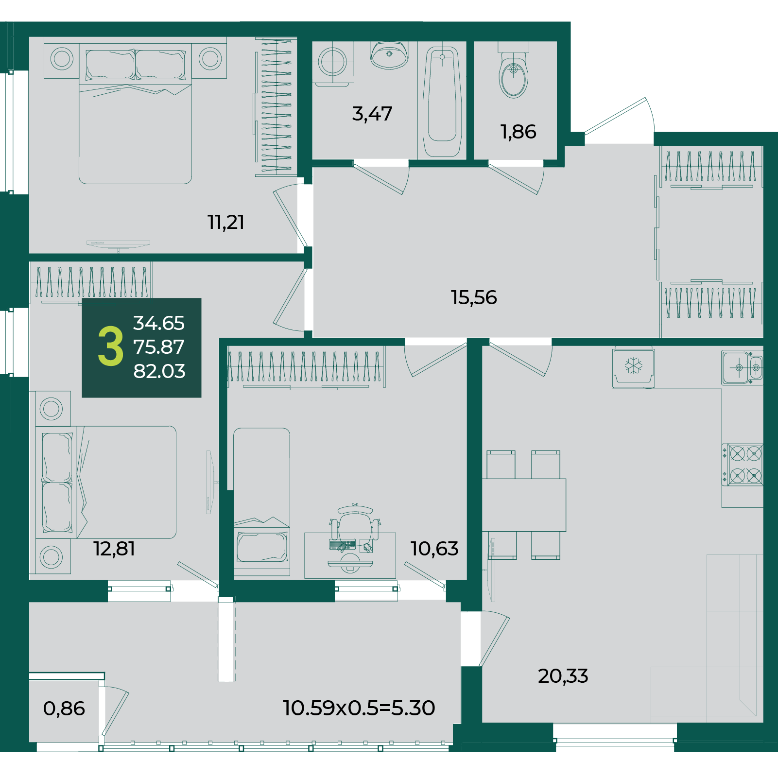 Планировка 3-комнатная 82,03 м²