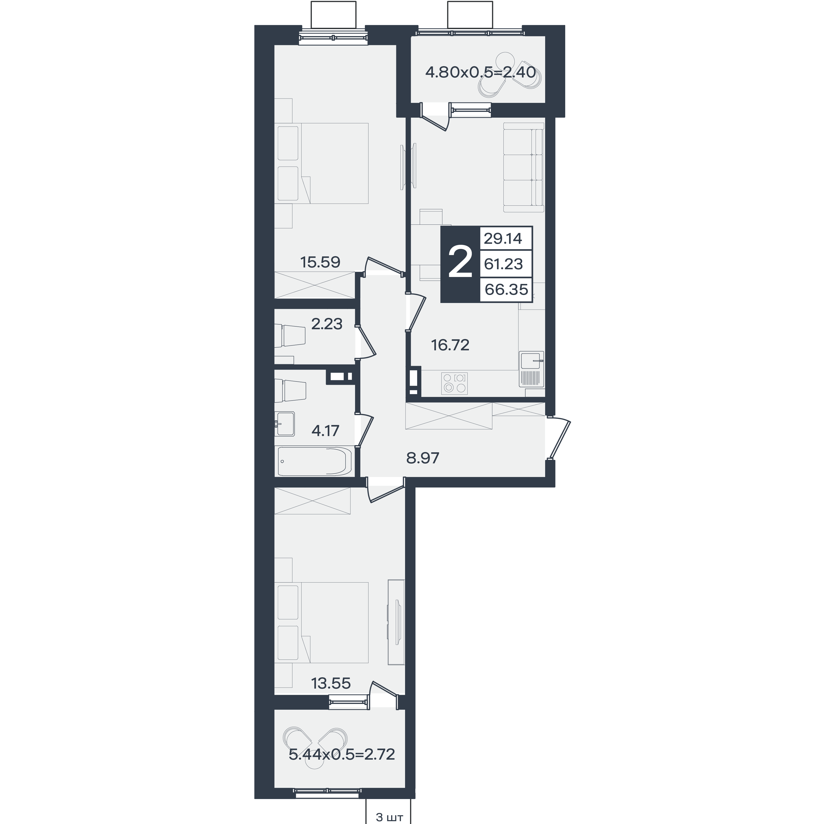 Планировка: 2-комн. квартира 66,4 м²