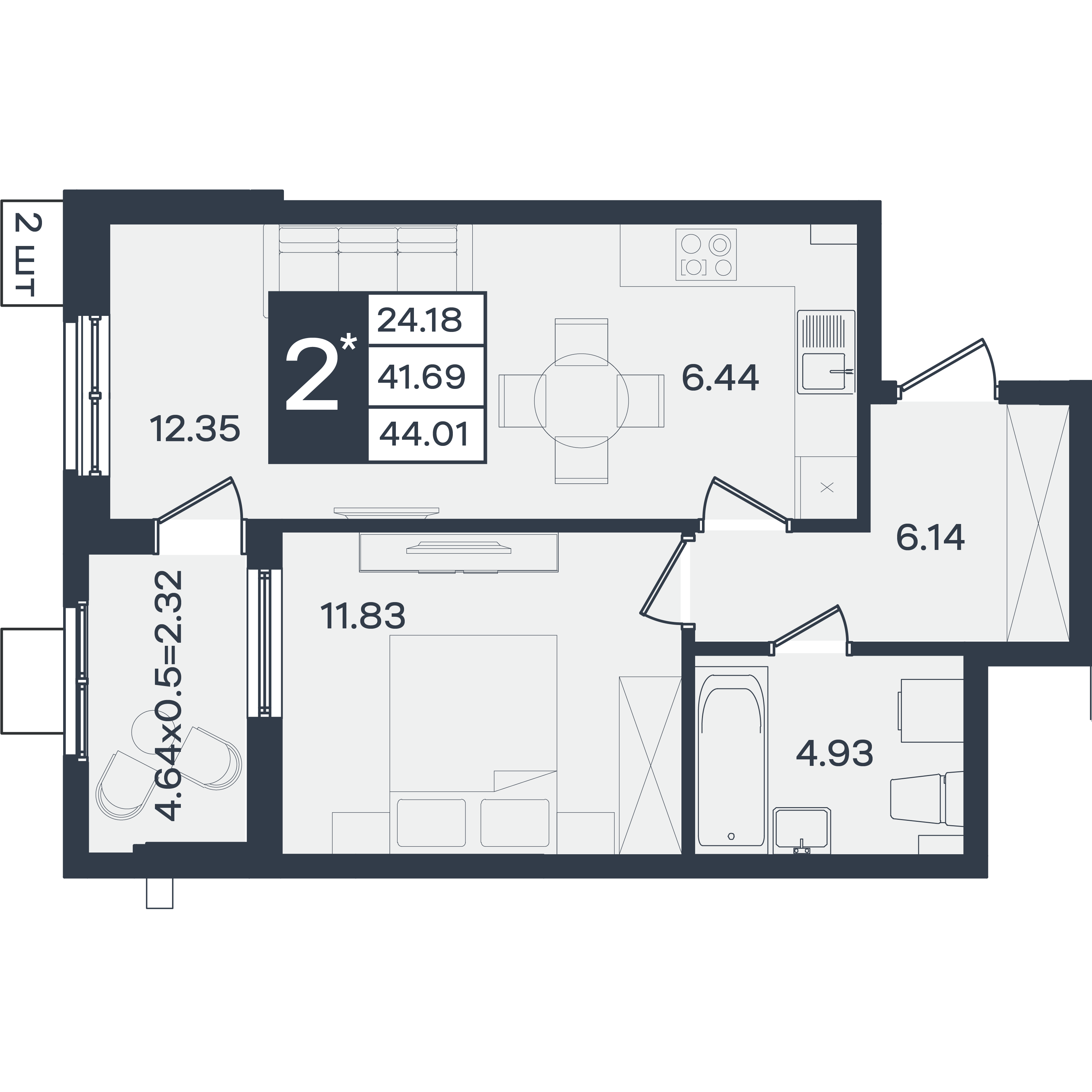 Планировка 2-комнатная 44,01 м²