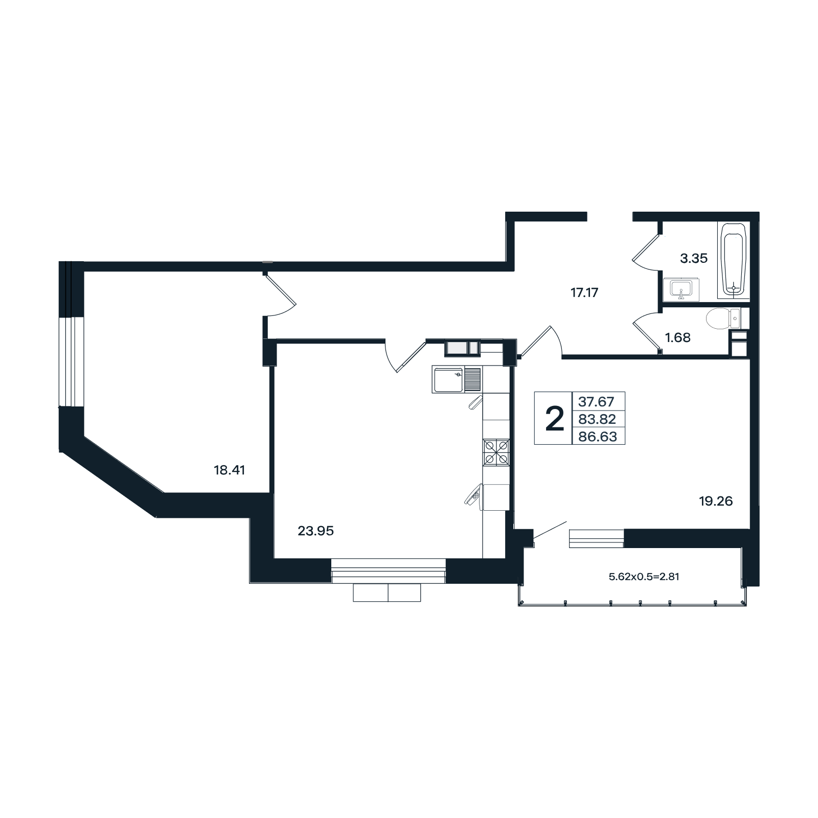 Планировка 2-комнатная 86,63 м²