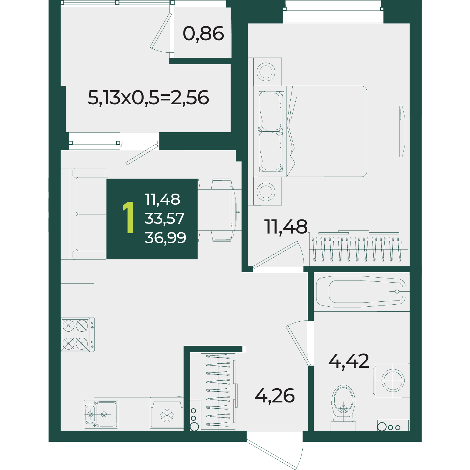 Планировка 1-комнатная 36,99 м²