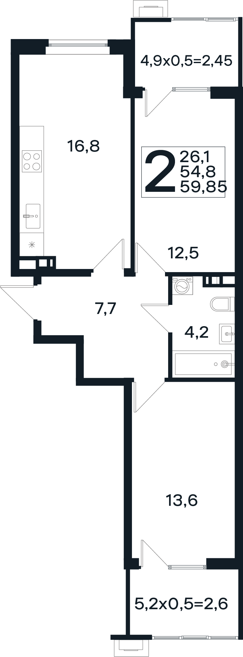 Планировка: 2-комн. квартира 59,9 м²
