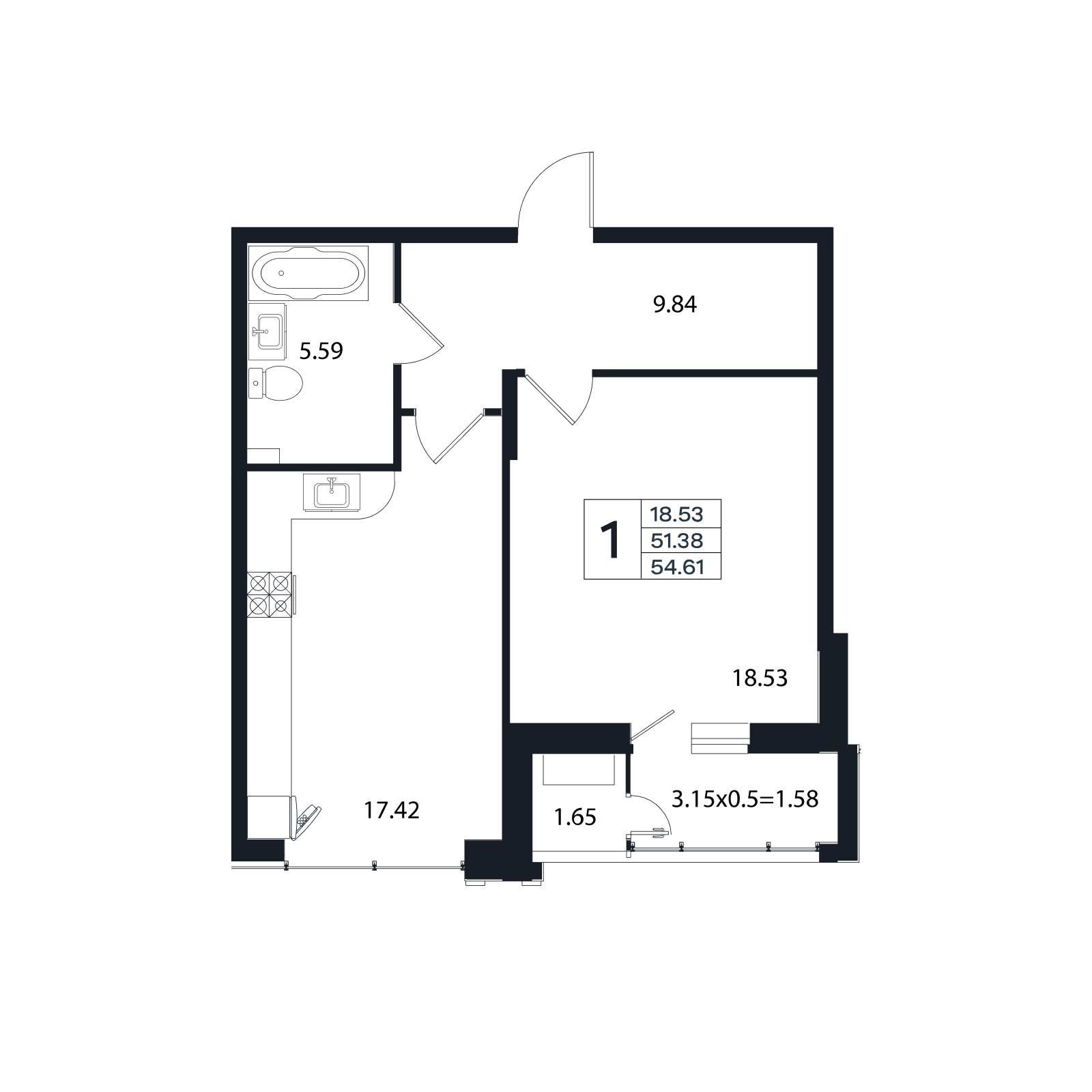 Планировка: 1-комн. квартира 54,6 м²