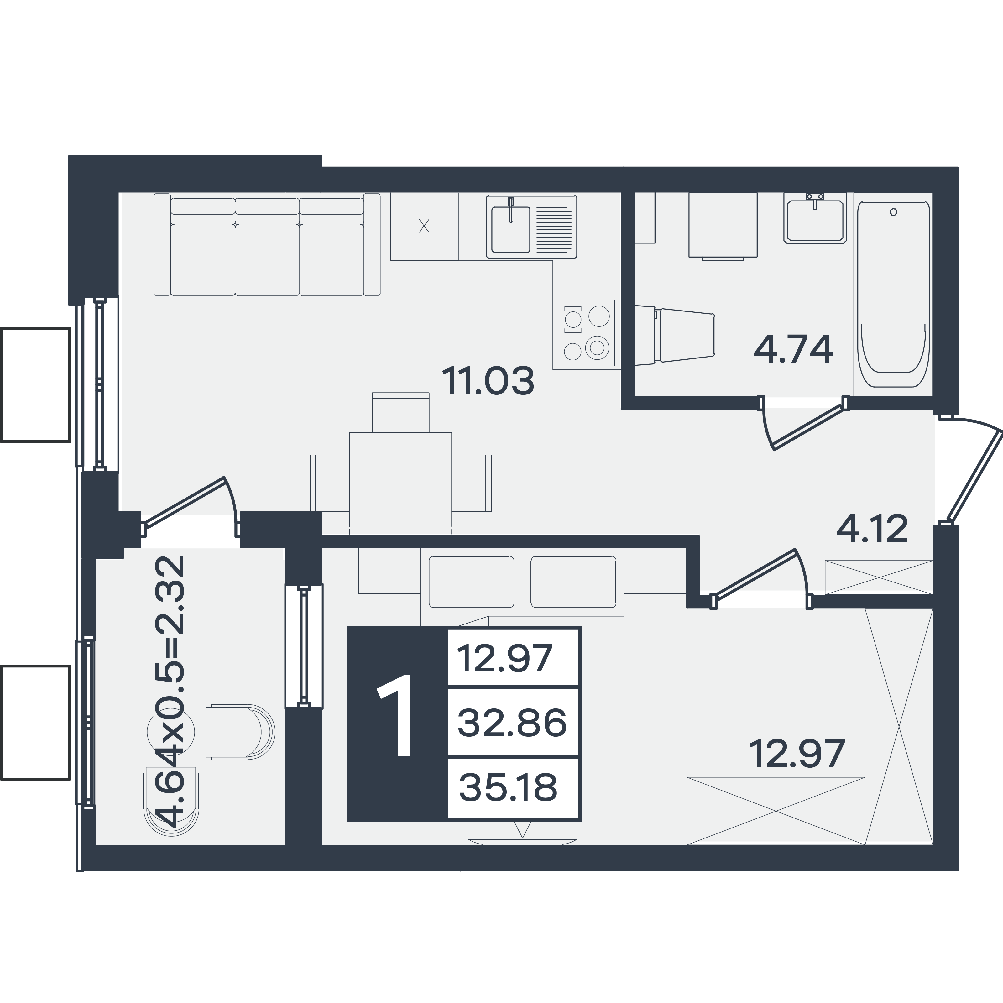 Планировка 1-комнатная 35,18 м²