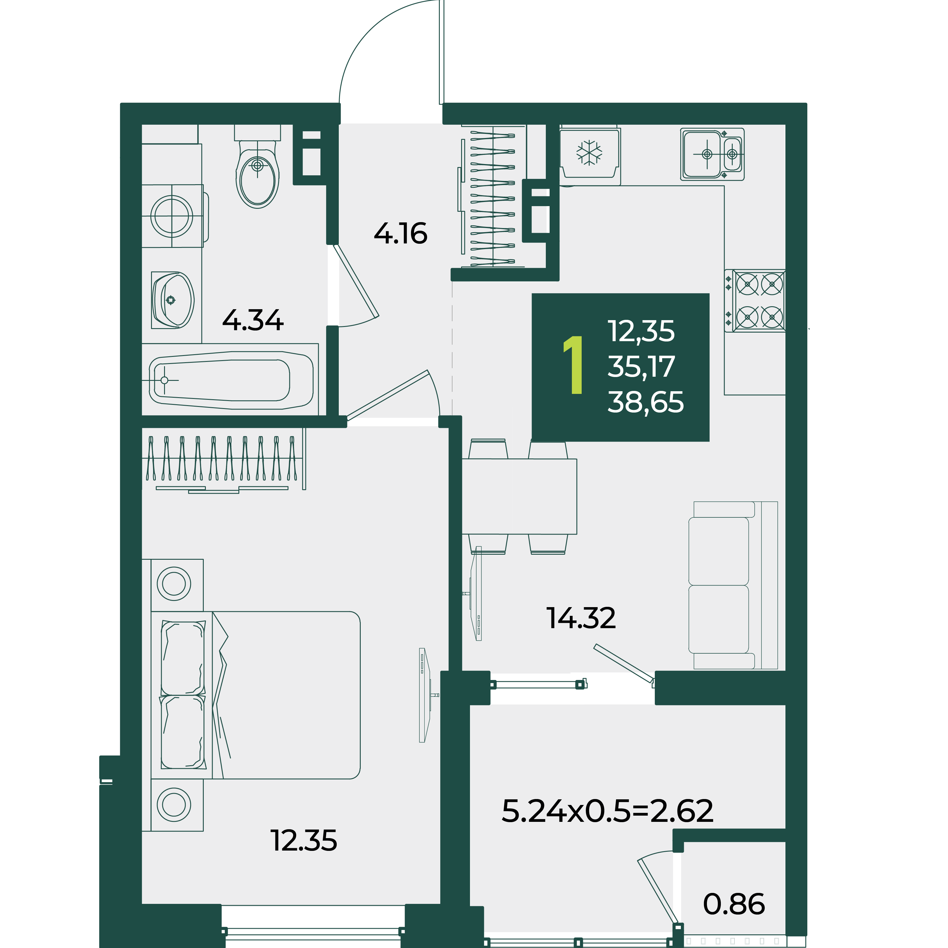 Планировка: 1-комн. квартира 38,7 м²