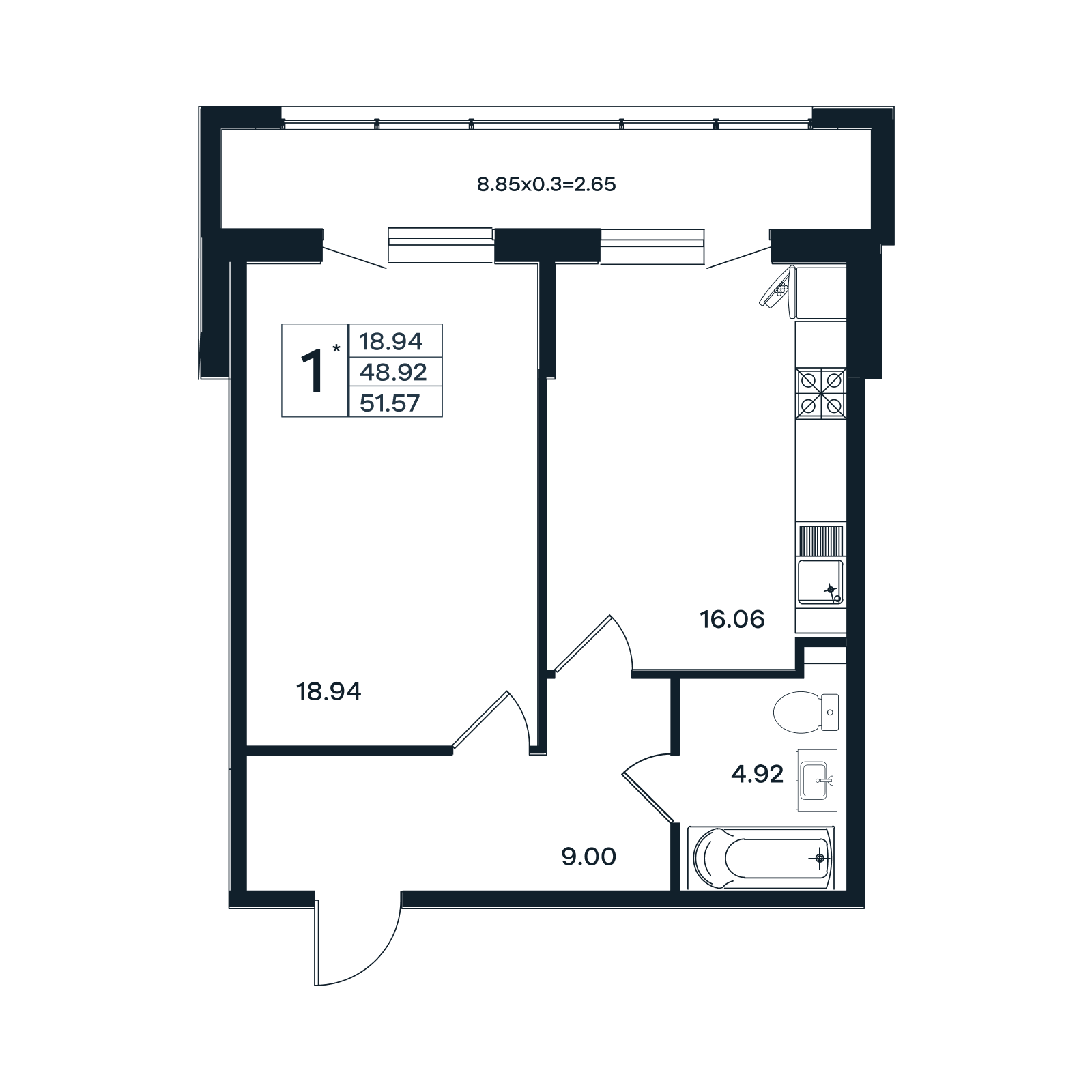 Планировка 1-комнатная 51,57 м²
