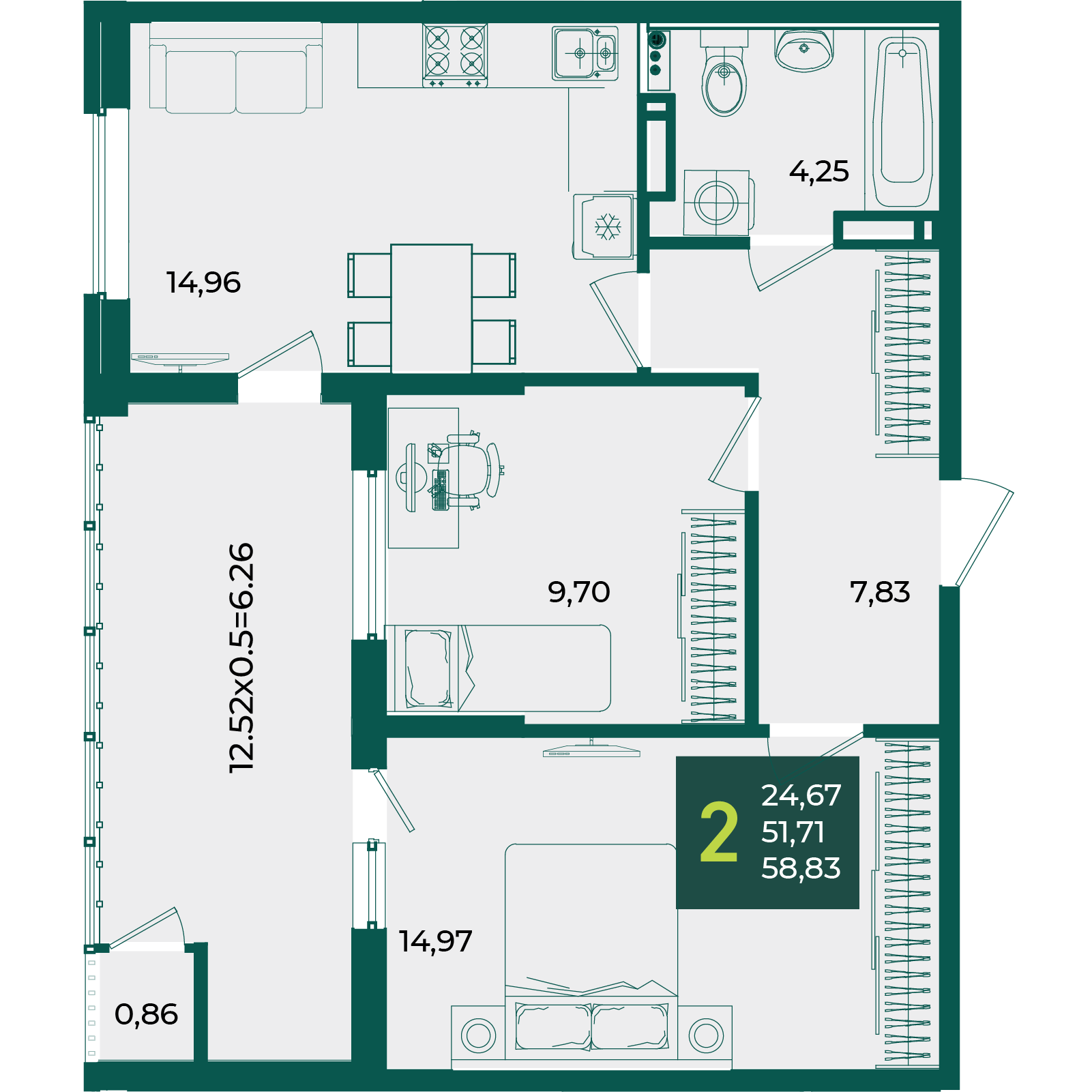 Планировка 2-комнатная 58,83 м²