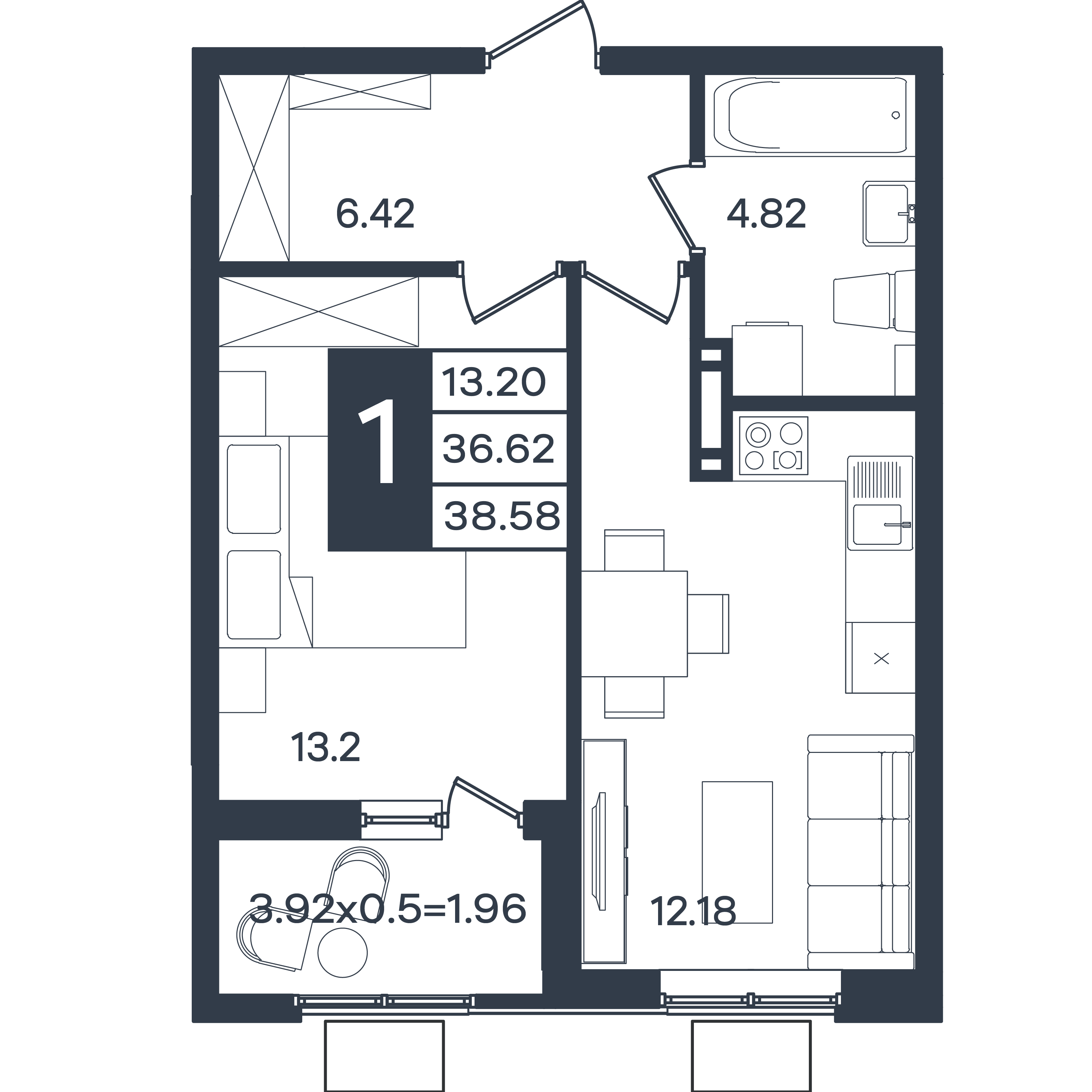 Планировка: 1-комн. квартира 38,6 м²