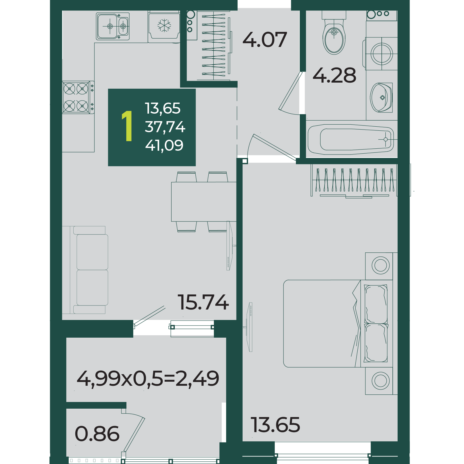 Планировка 1-комнатная 41,09 м²