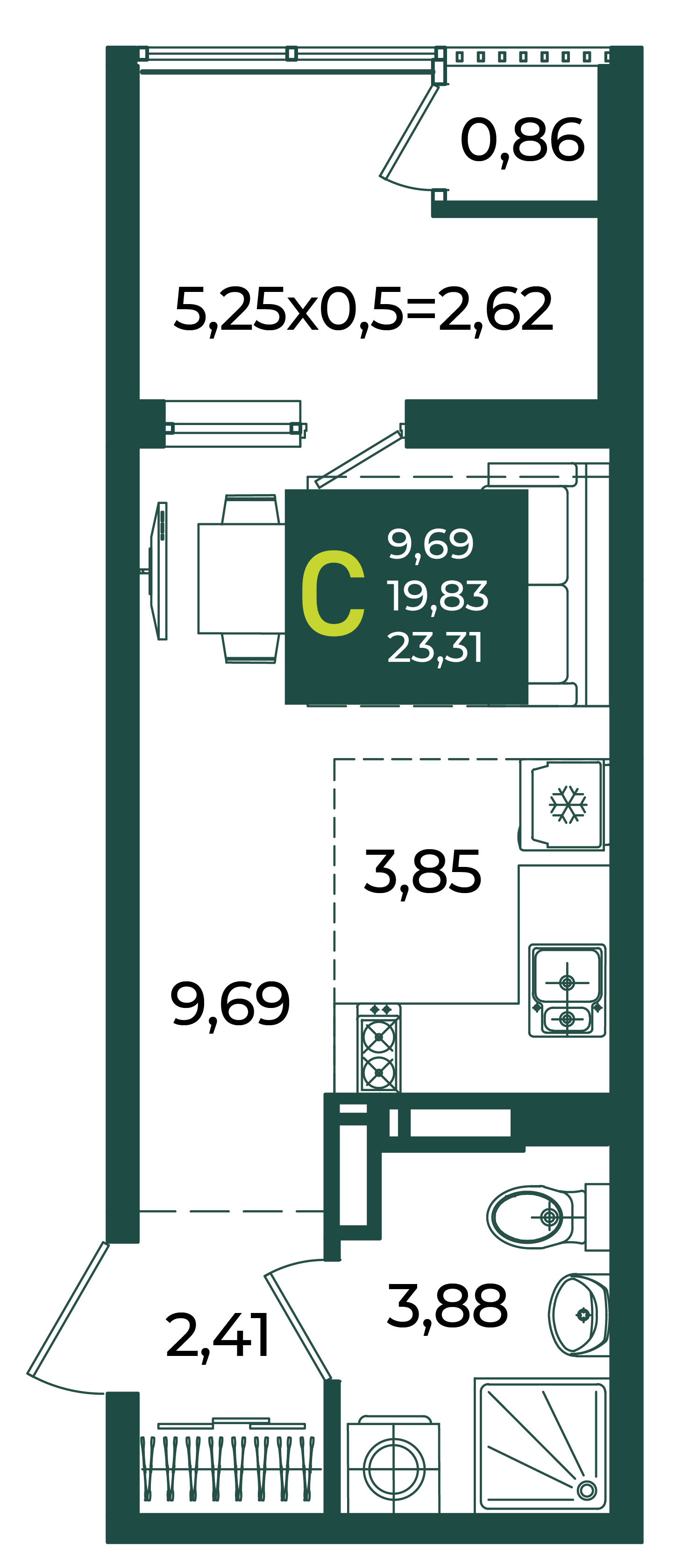 Планировка Студия 23,31 м²