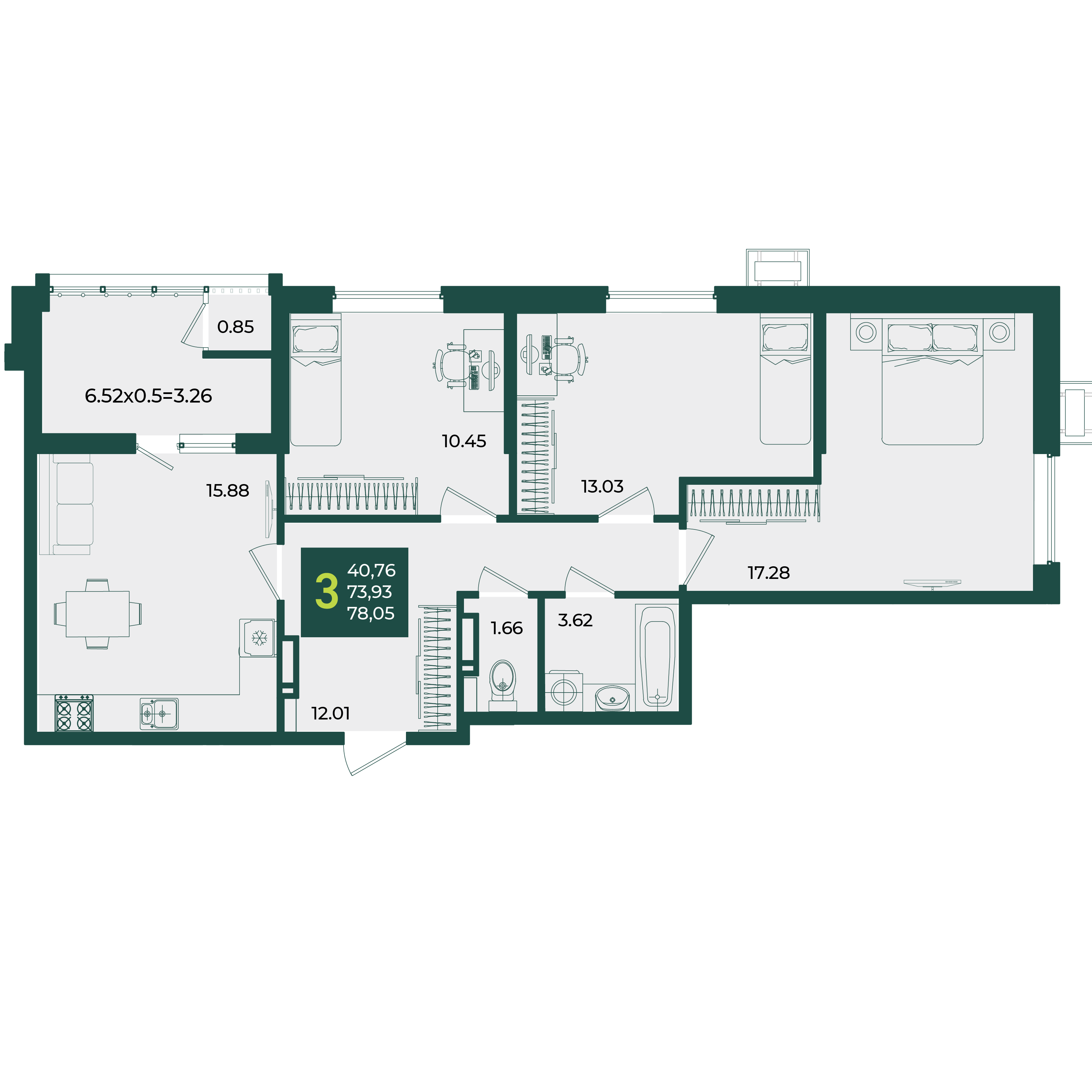 Планировка 3-комнатная 78,05 м²