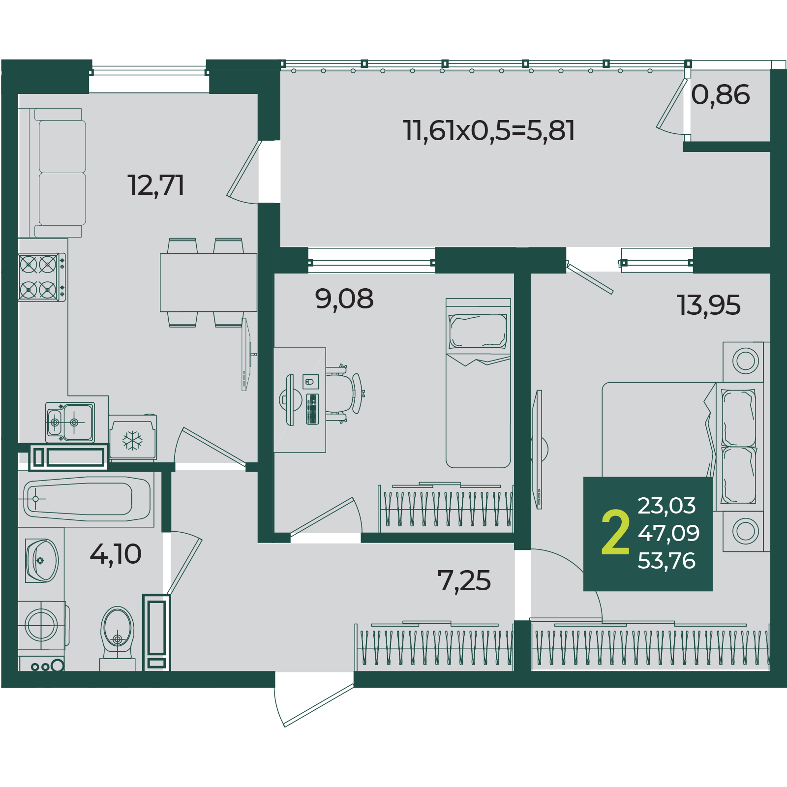 Планировка 2-комнатная 53,76 м²