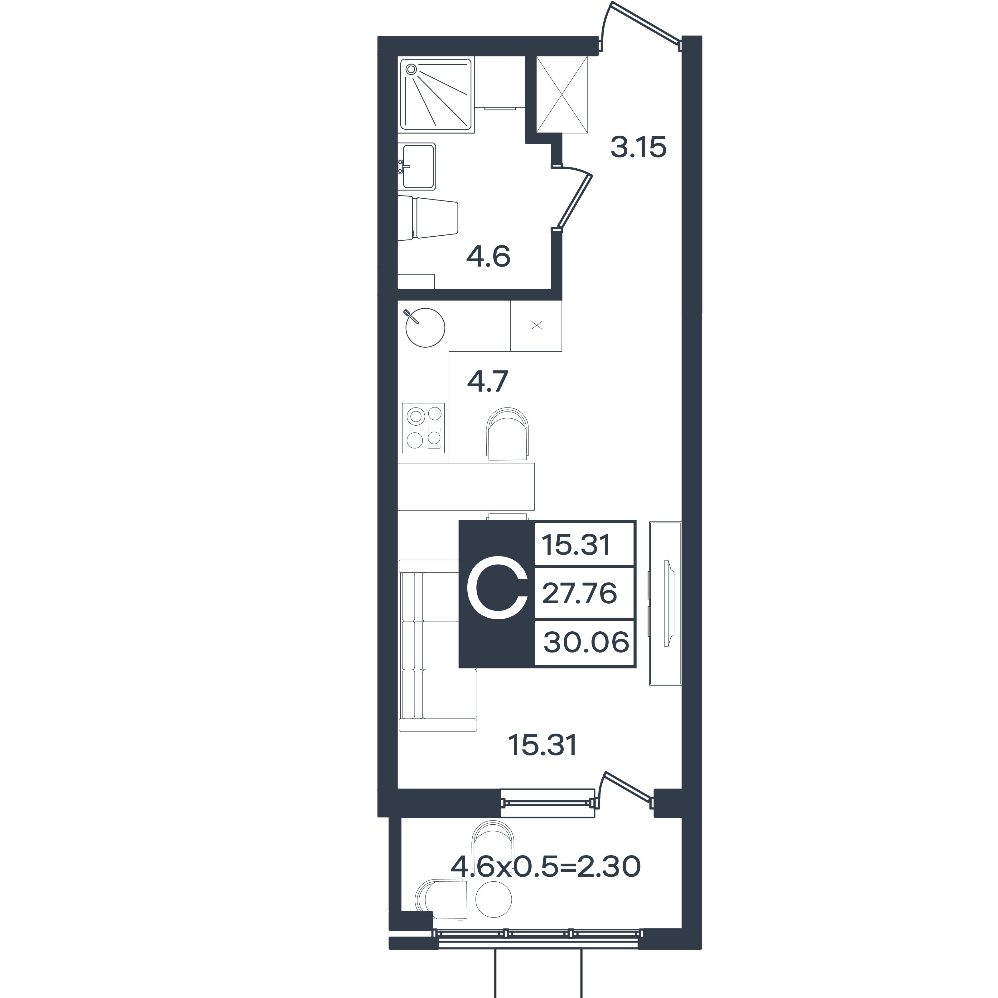 Планировка: Студия 30,1 м²