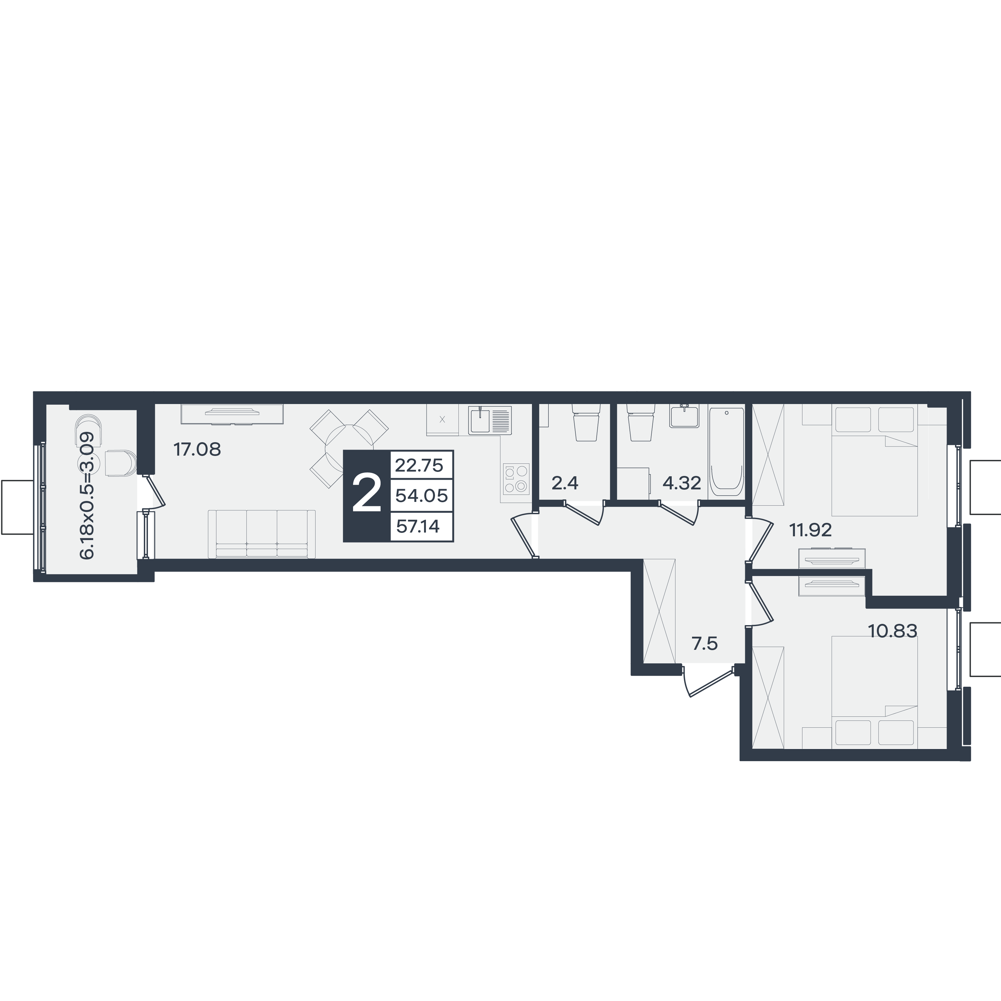 Планировка: 2-комн. квартира 57,1 м²