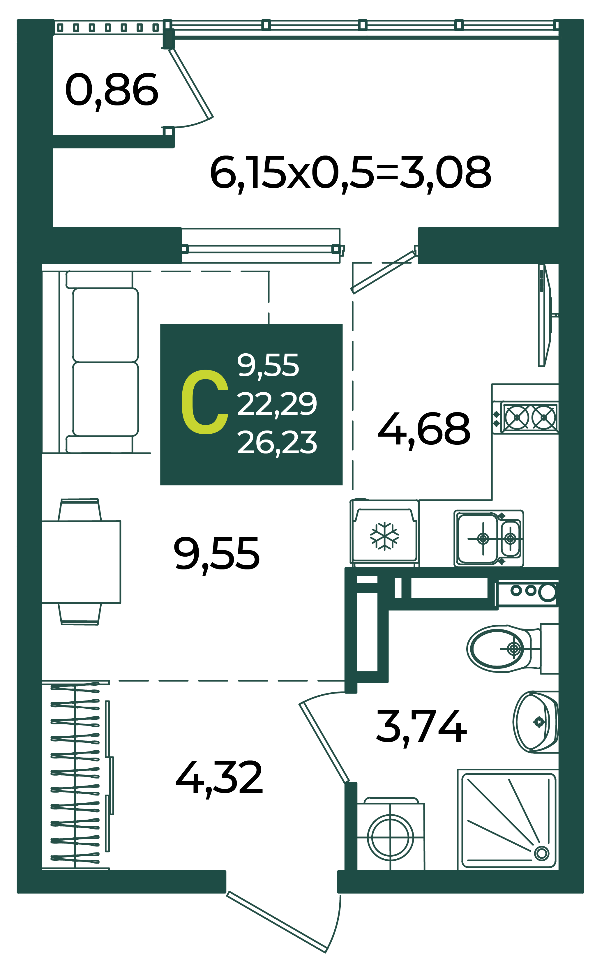 Планировка: Студия 26,2 м²
