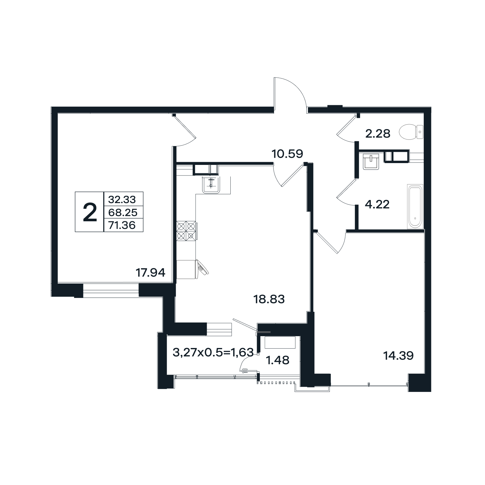 Планировка 2-комнатная 71,36 м²