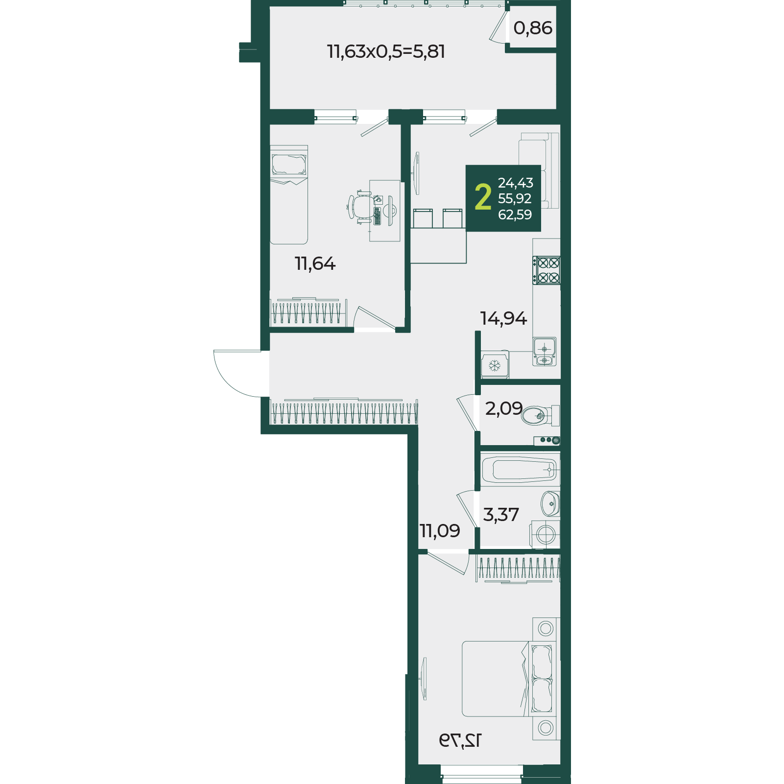 Планировка 2-комнатная 62,59 м²