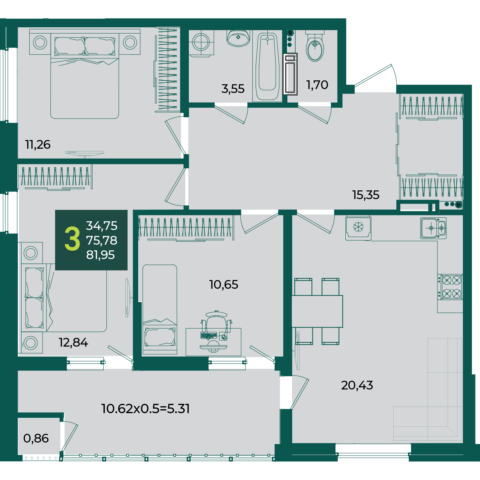 Планировка 3-комнатная 81,95 м²