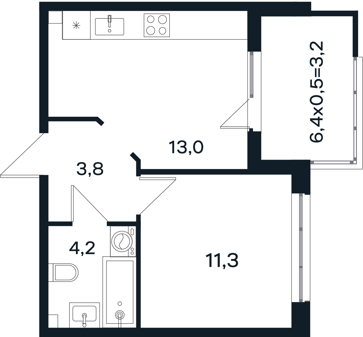 Планировка: 1-комн. квартира 35,5 м²
