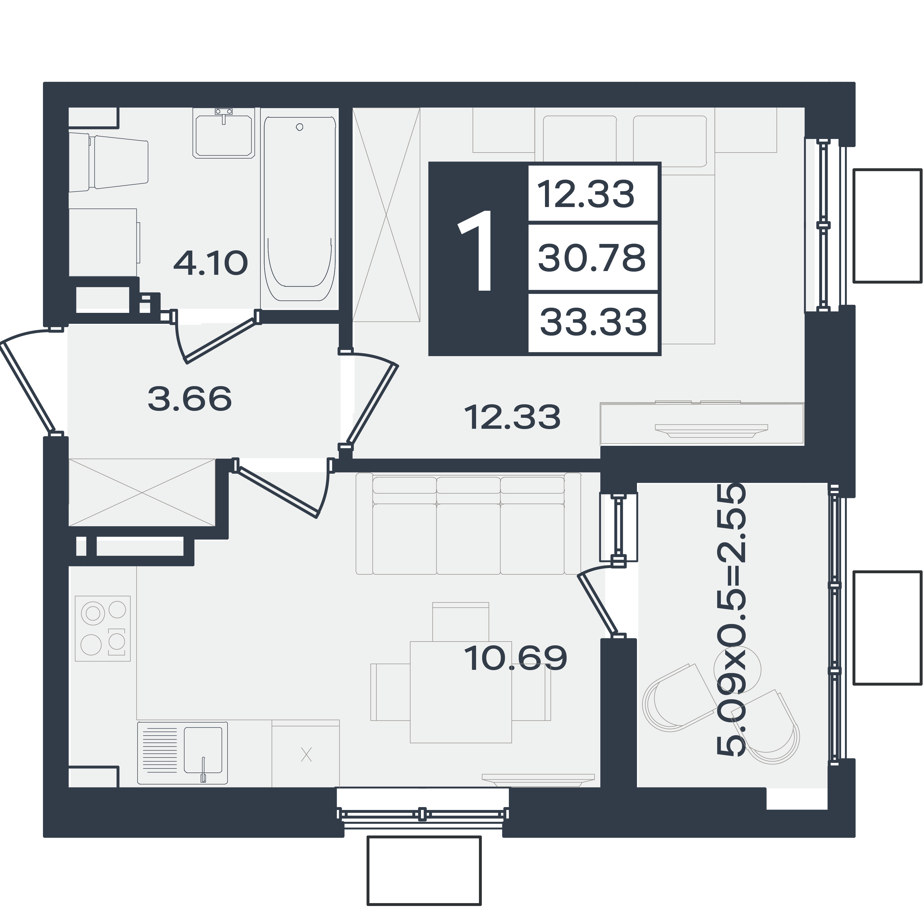 Планировка: 1-комн. квартира 33,3 м²