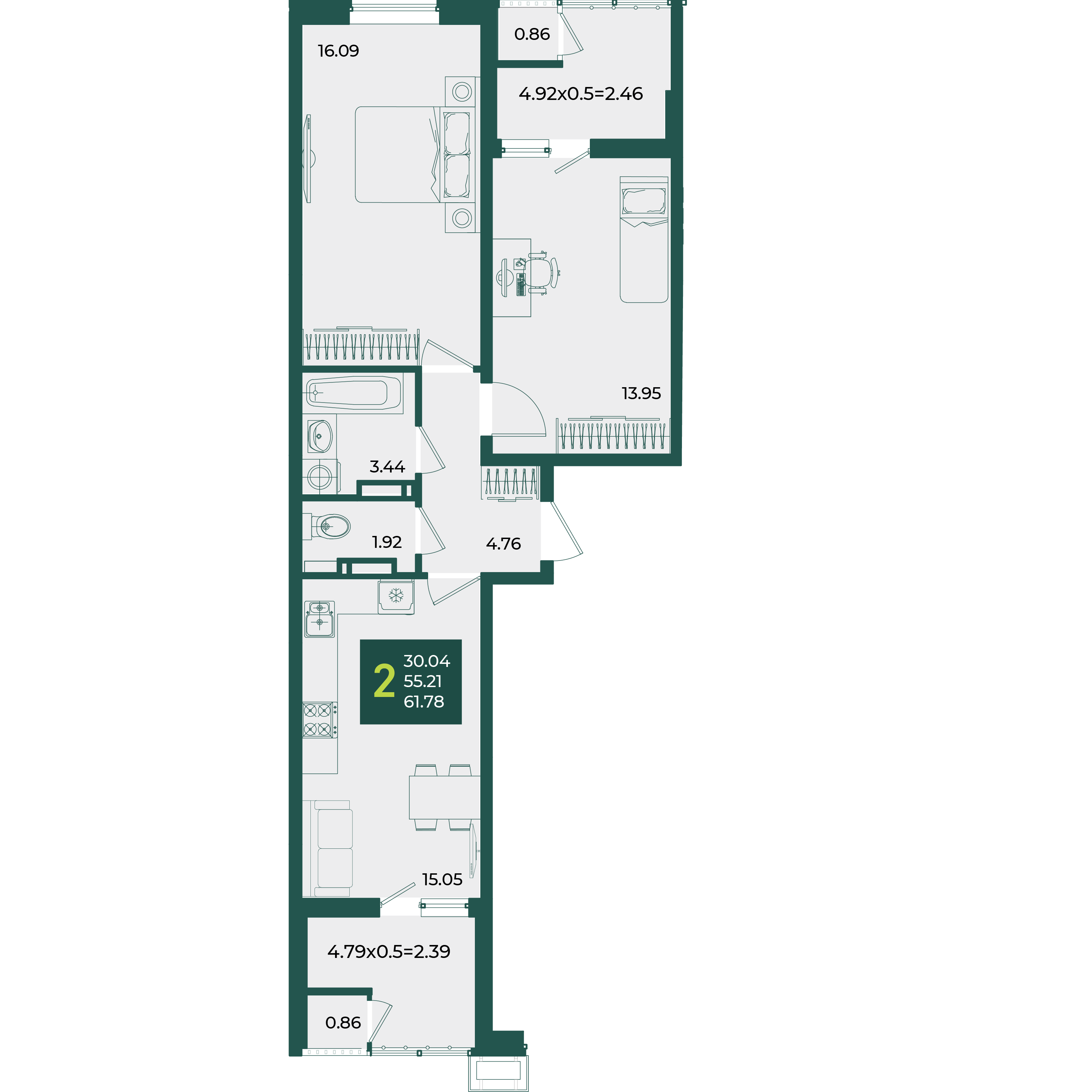 Планировка 2-комнатная 61,78 м²