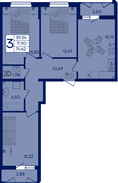 Планировка: 3-комн. квартира 74,6 м²