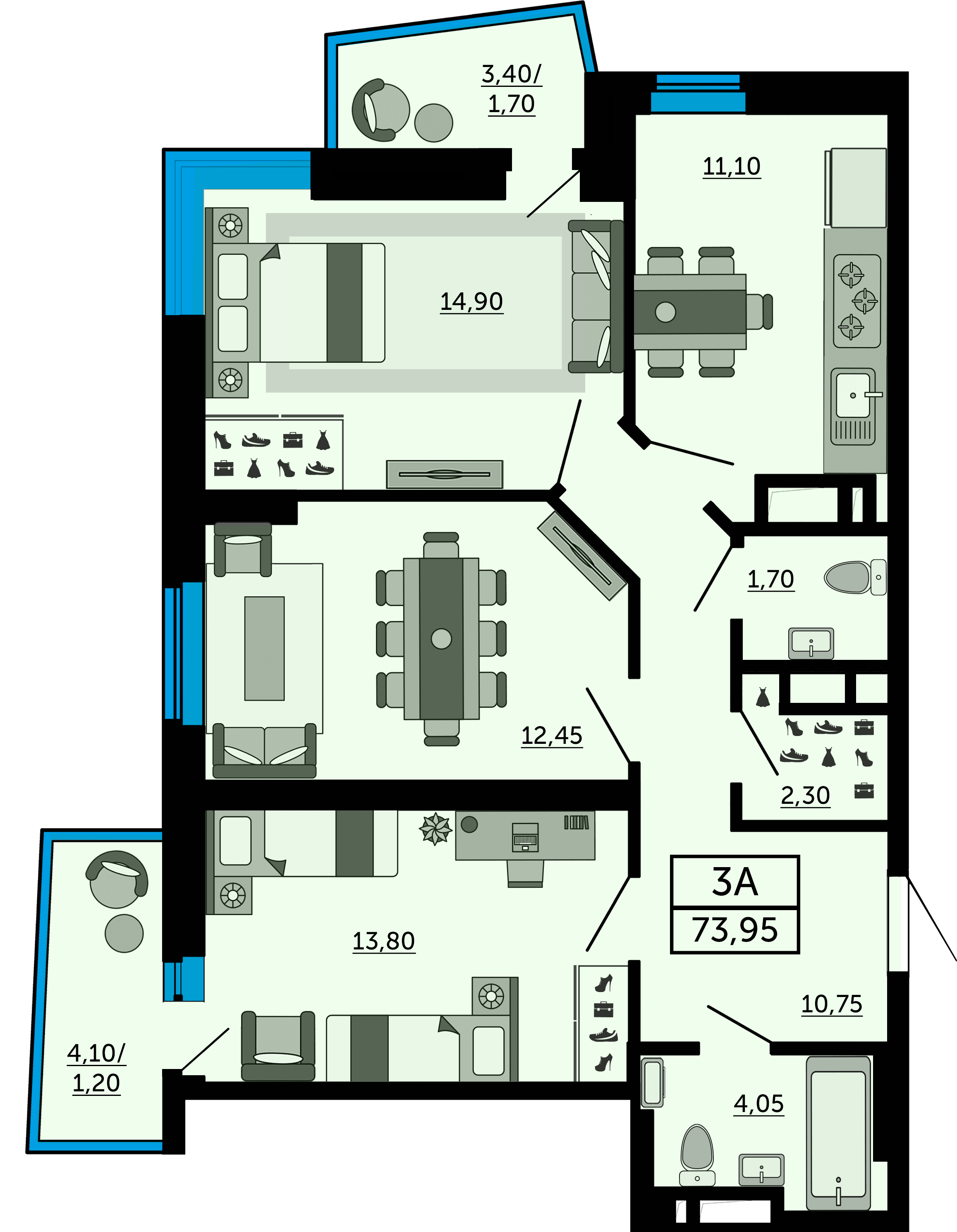 Планировка 3-комнатная 73,95 м²