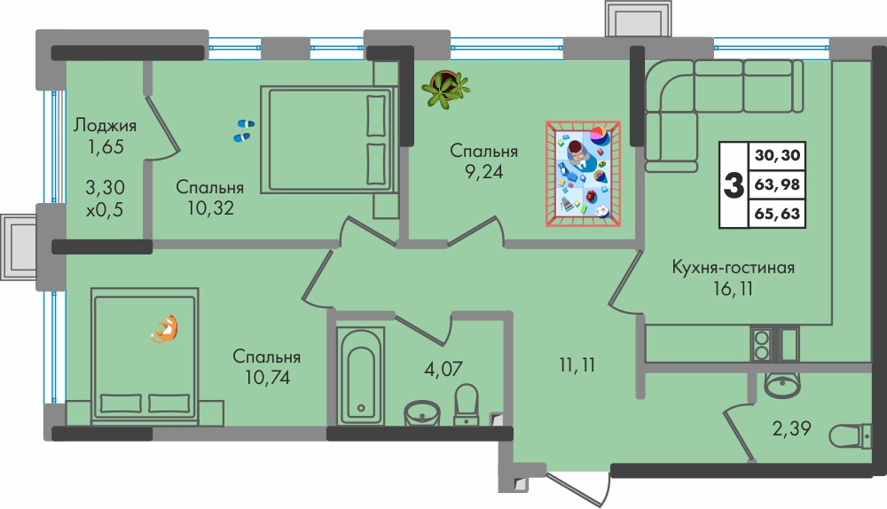 Планировка 3-комнатная 65,65 м²