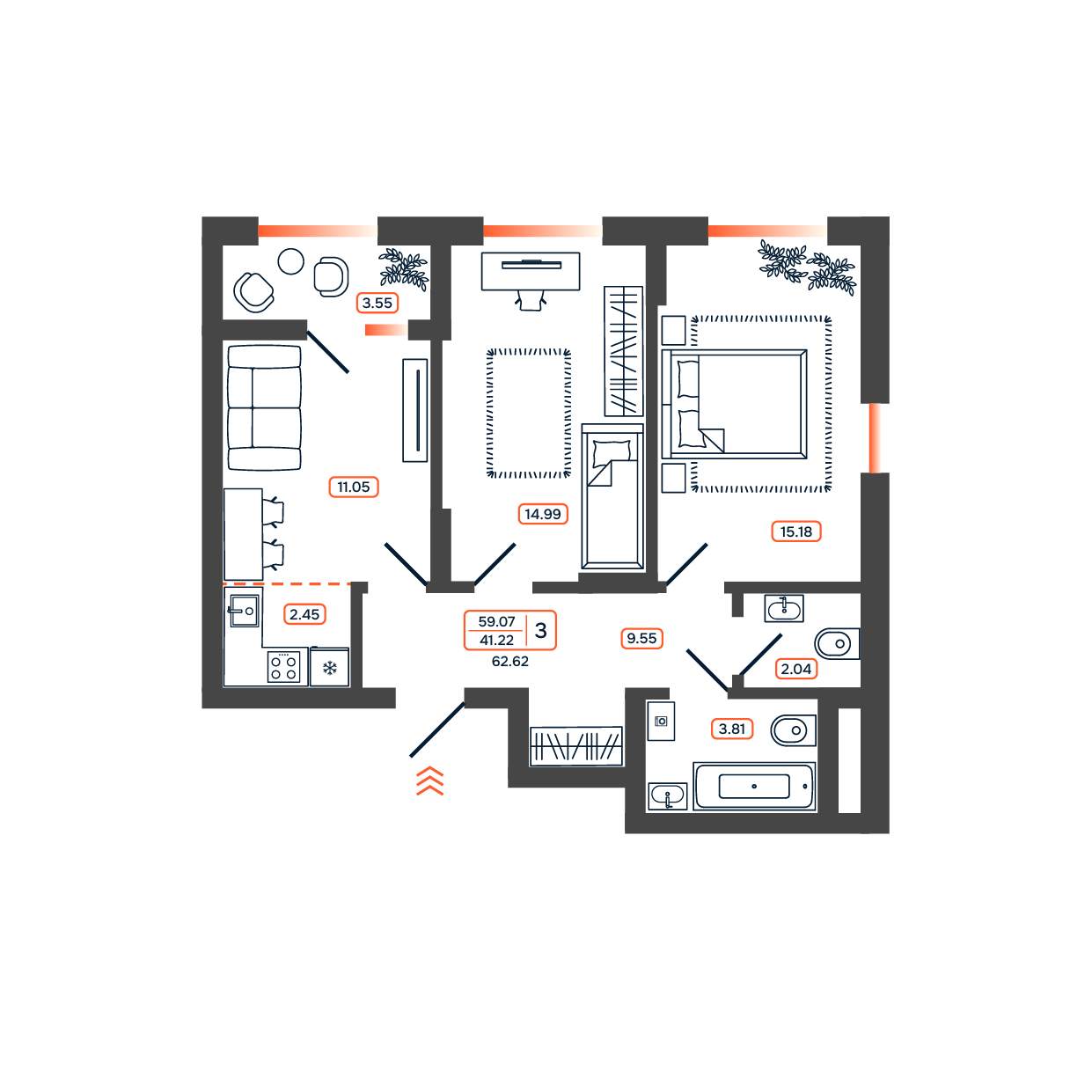 Планировка: 3-комн. квартира 62,6 м²