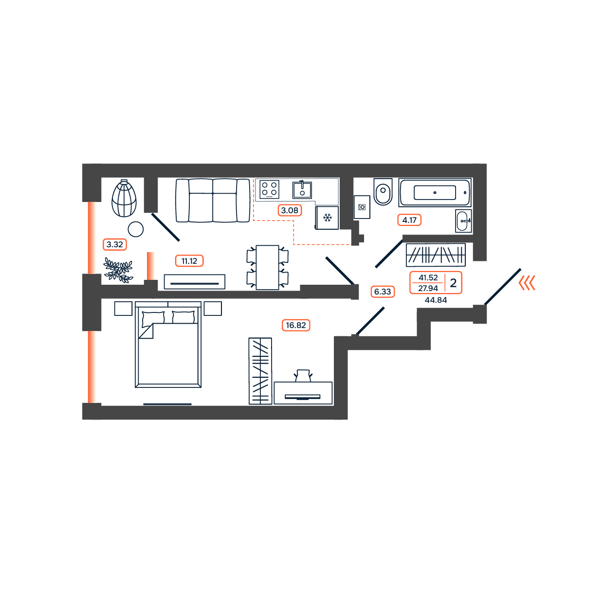 Планировка: 2-комн. квартира 44,5 м²