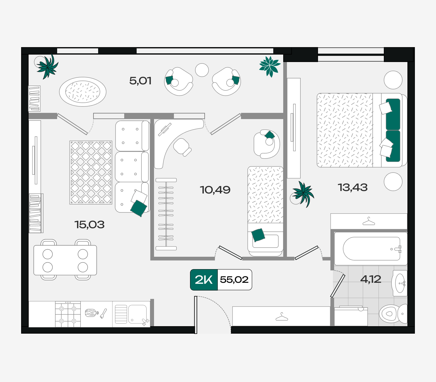 Планировка 2-комнатная 55,02 м²