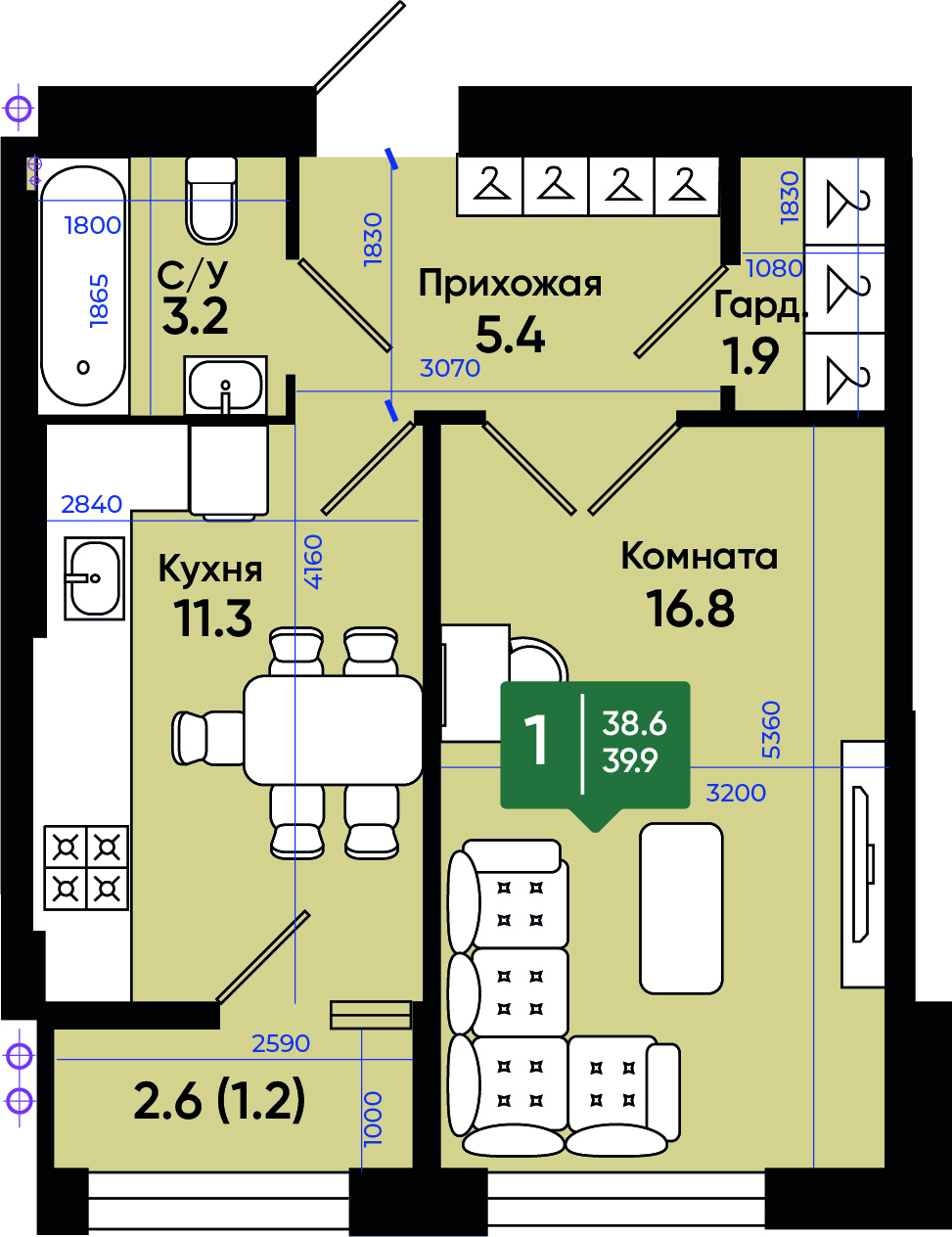 Планировка: 1-комн. квартира 40,2 м²