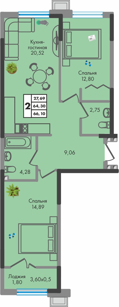 Планировка 2-комнатная 66,1 м²
