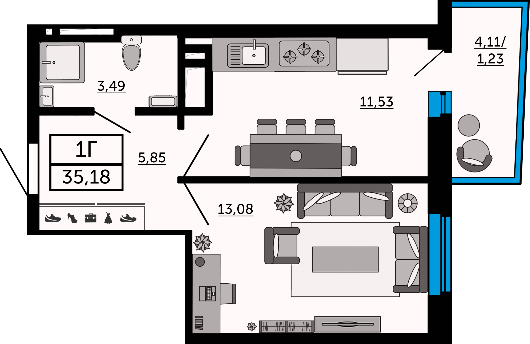 Планировка 1-комнатная 34,9 м²