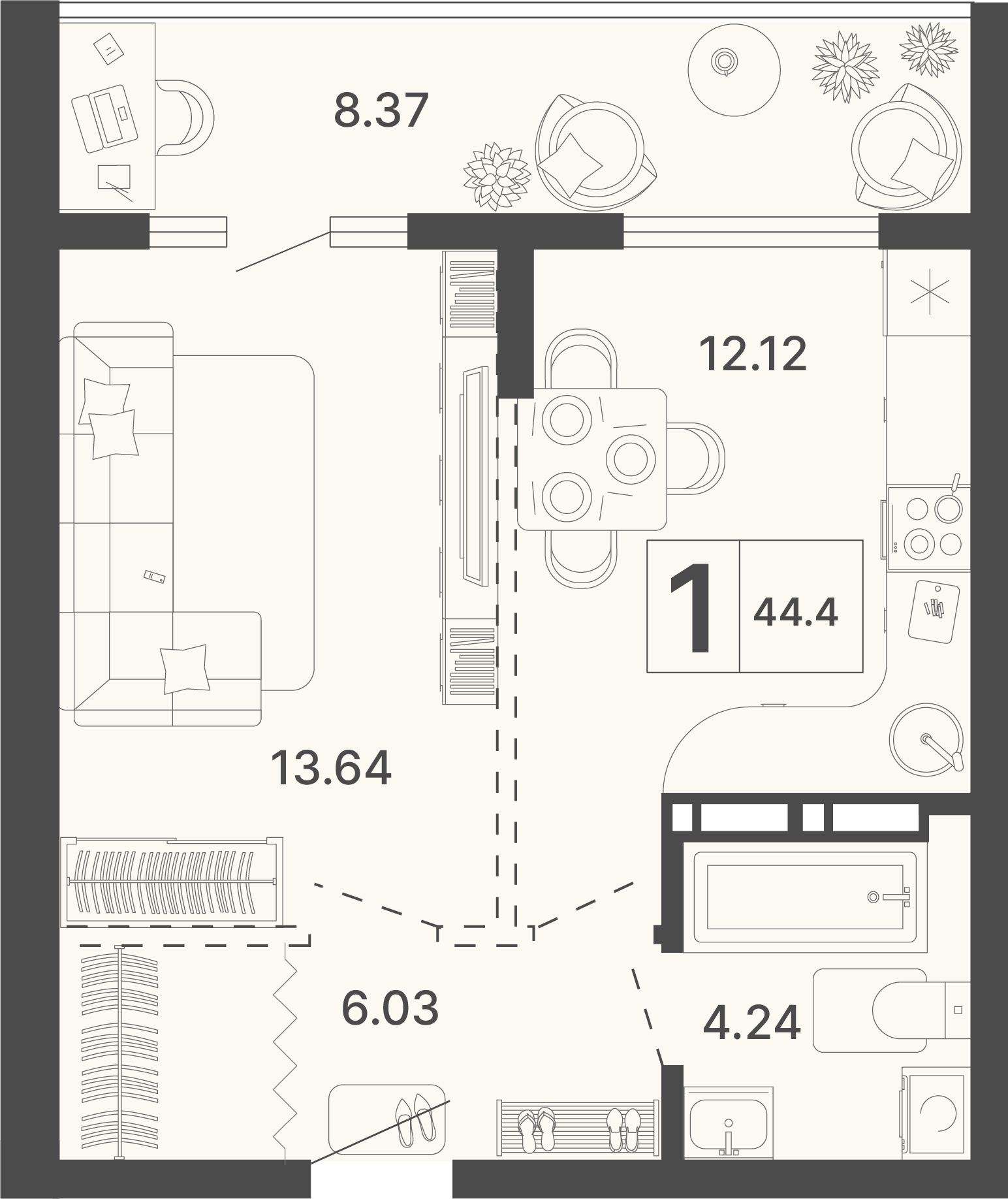 Планировка 1-комнатная 44,4 м²