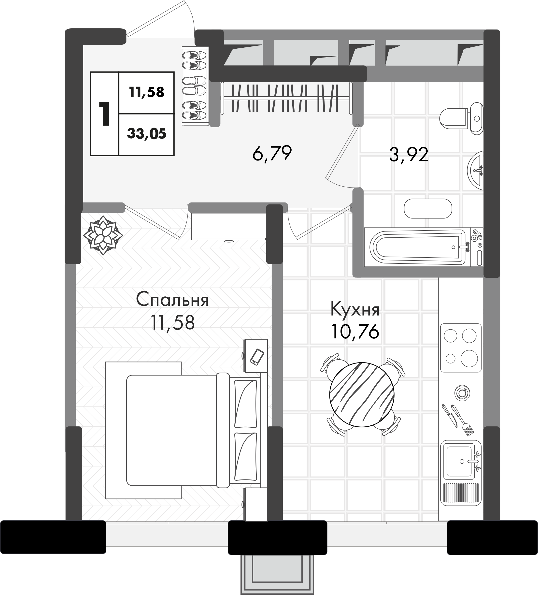 Планировка 1-комнатная 33,05 м²
